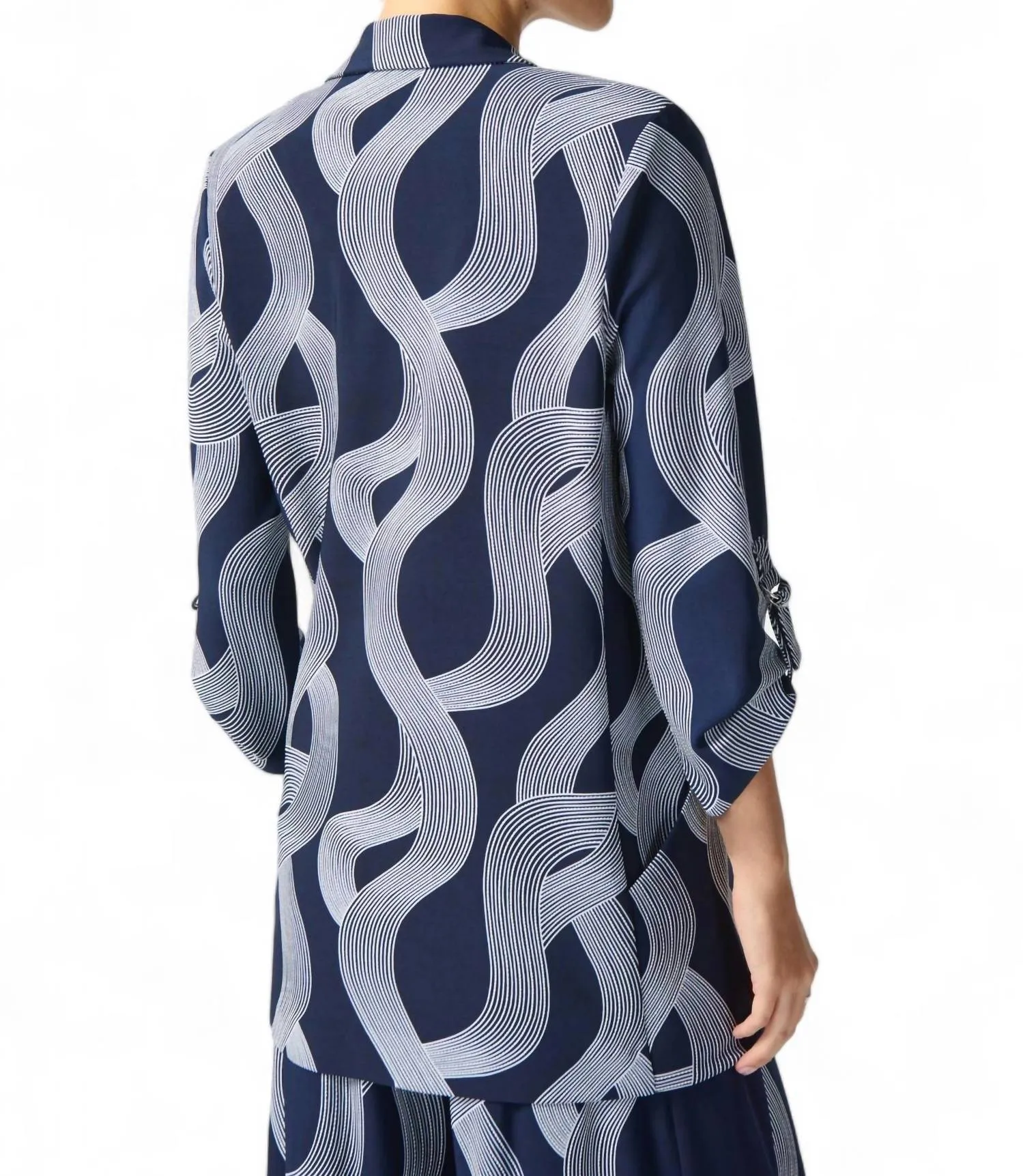 Abstract Print Longline Blazer In Midnight Blue/vanilla