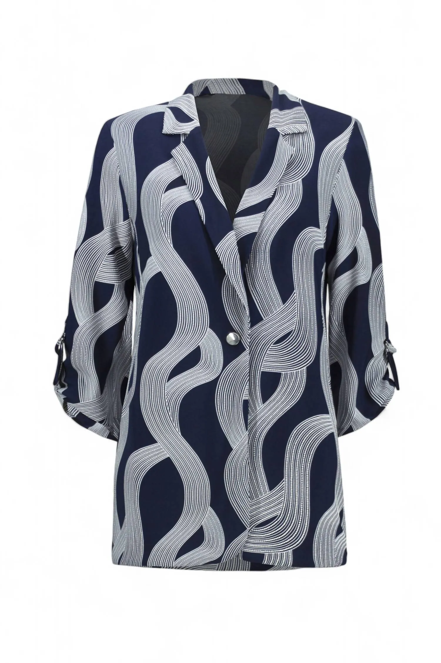 Abstract Print Longline Blazer In Midnight Blue/vanilla