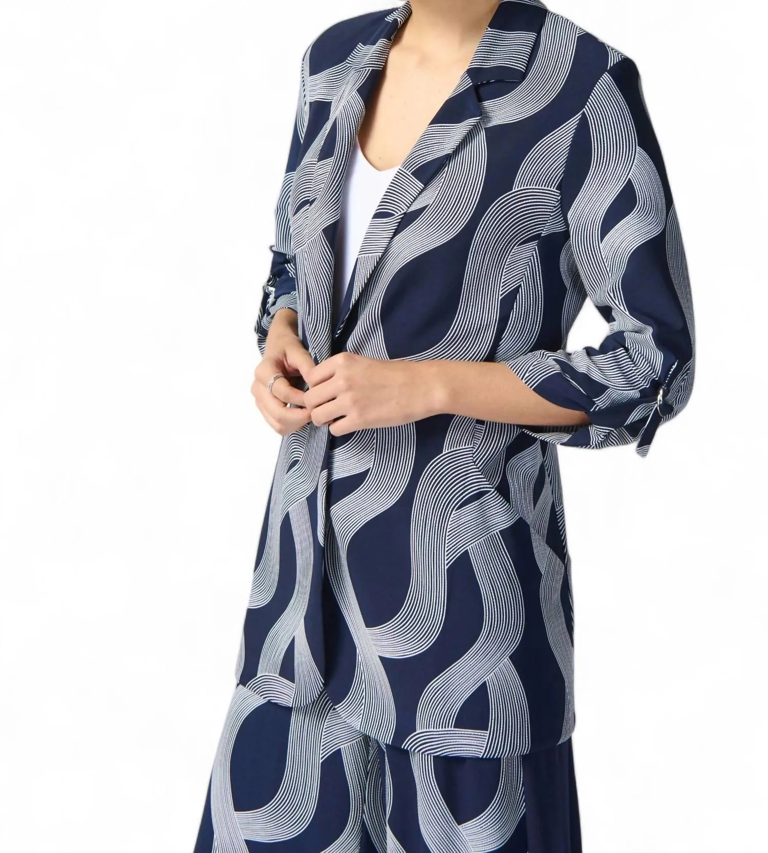 Abstract Print Longline Blazer In Midnight Blue/vanilla