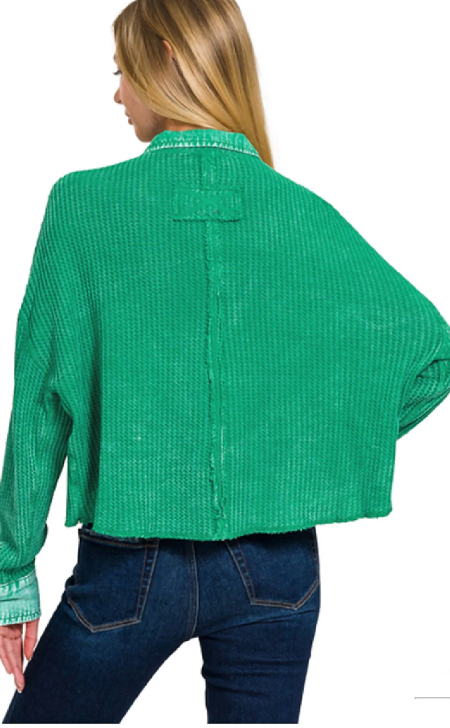 Acid Wash Waffle Knit Crop Shacket In Kelly Green