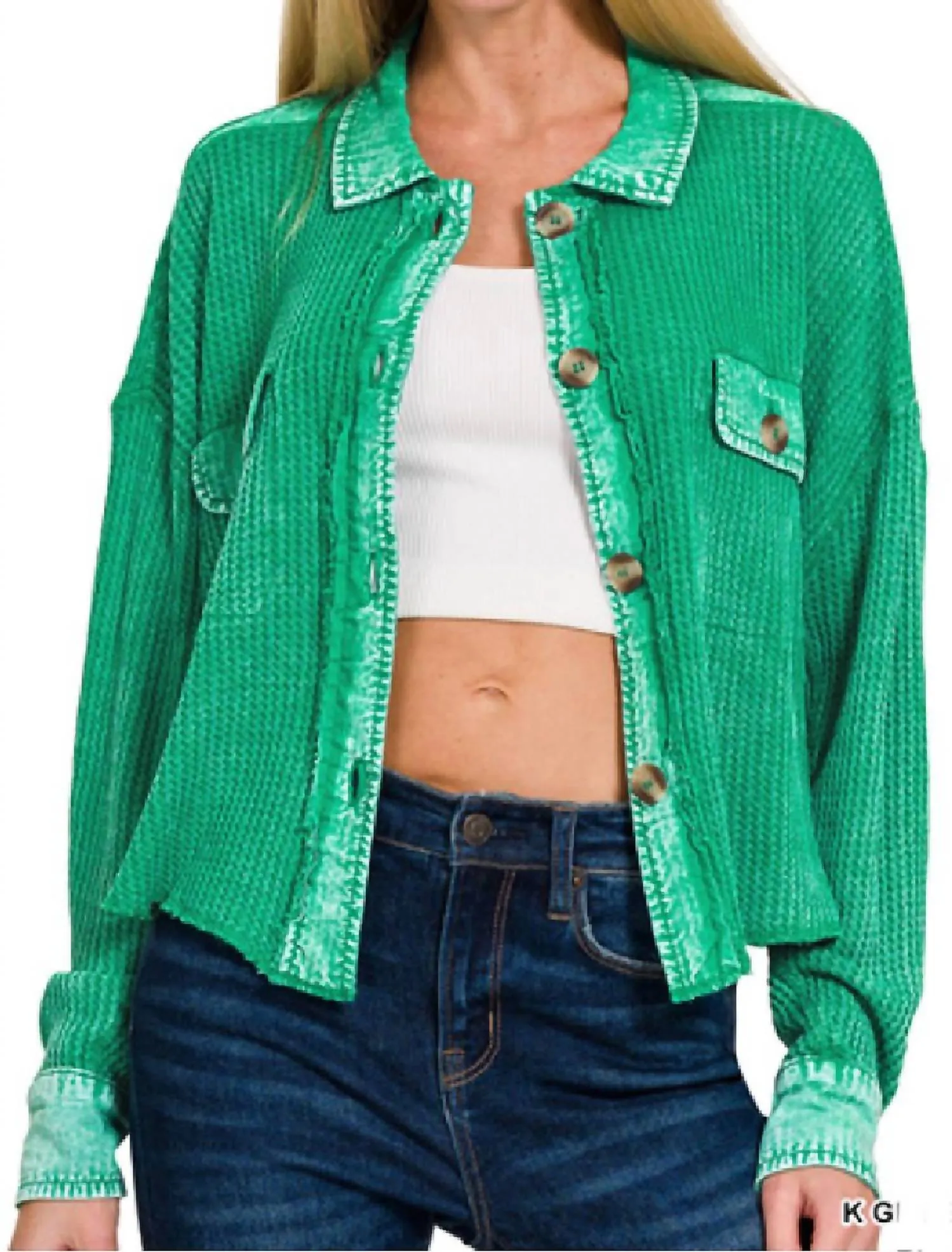 Acid Wash Waffle Knit Crop Shacket In Kelly Green