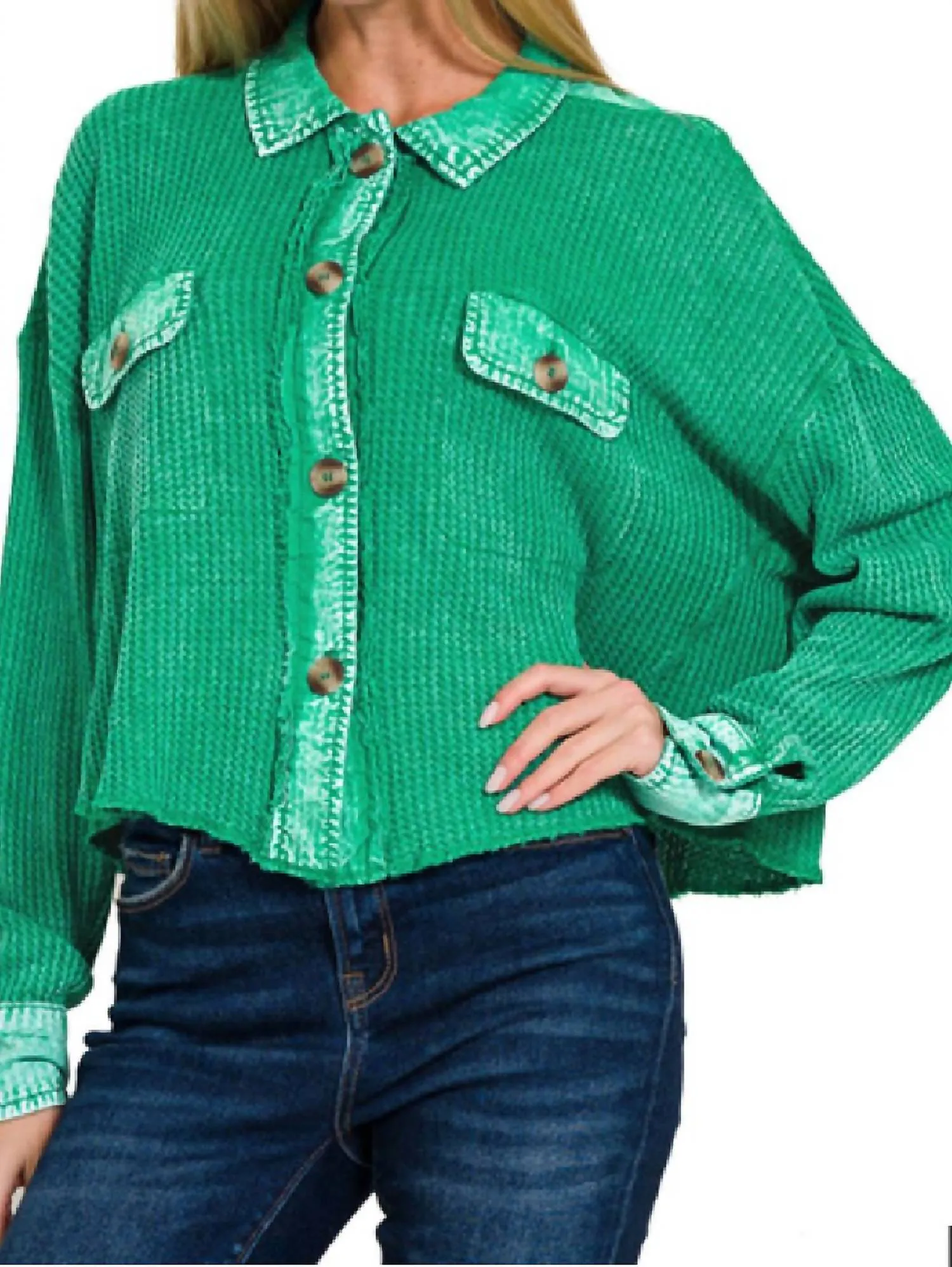 Acid Wash Waffle Knit Crop Shacket In Kelly Green