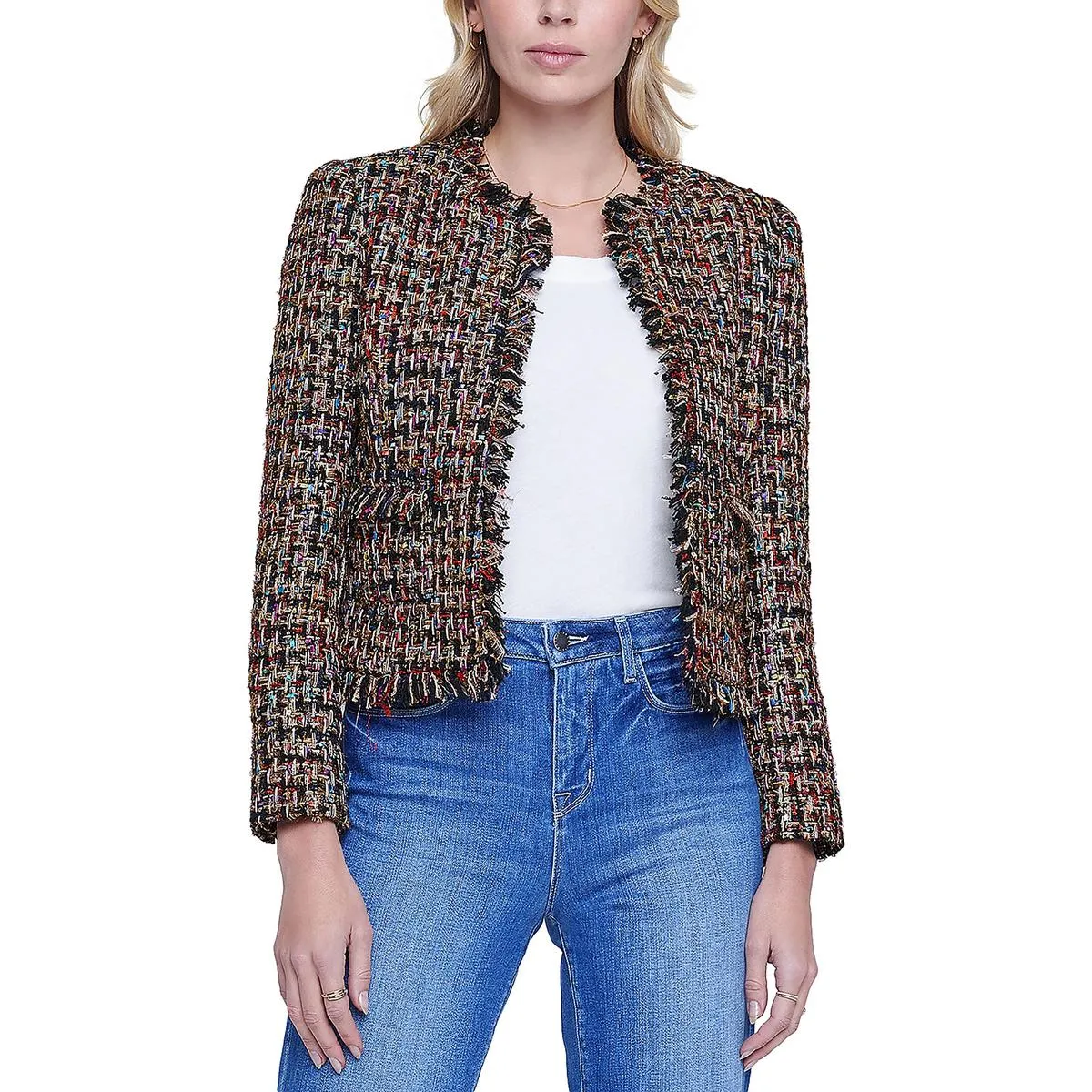 Angelina Womens Metallic Tweed Open-Front Blazer