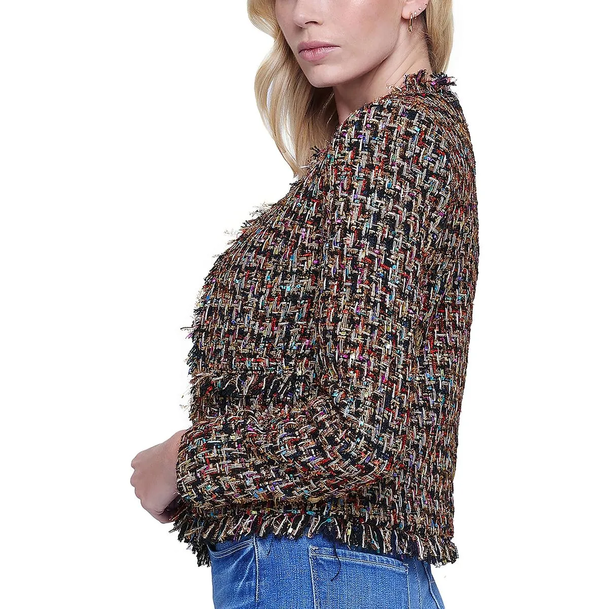 Angelina Womens Metallic Tweed Open-Front Blazer