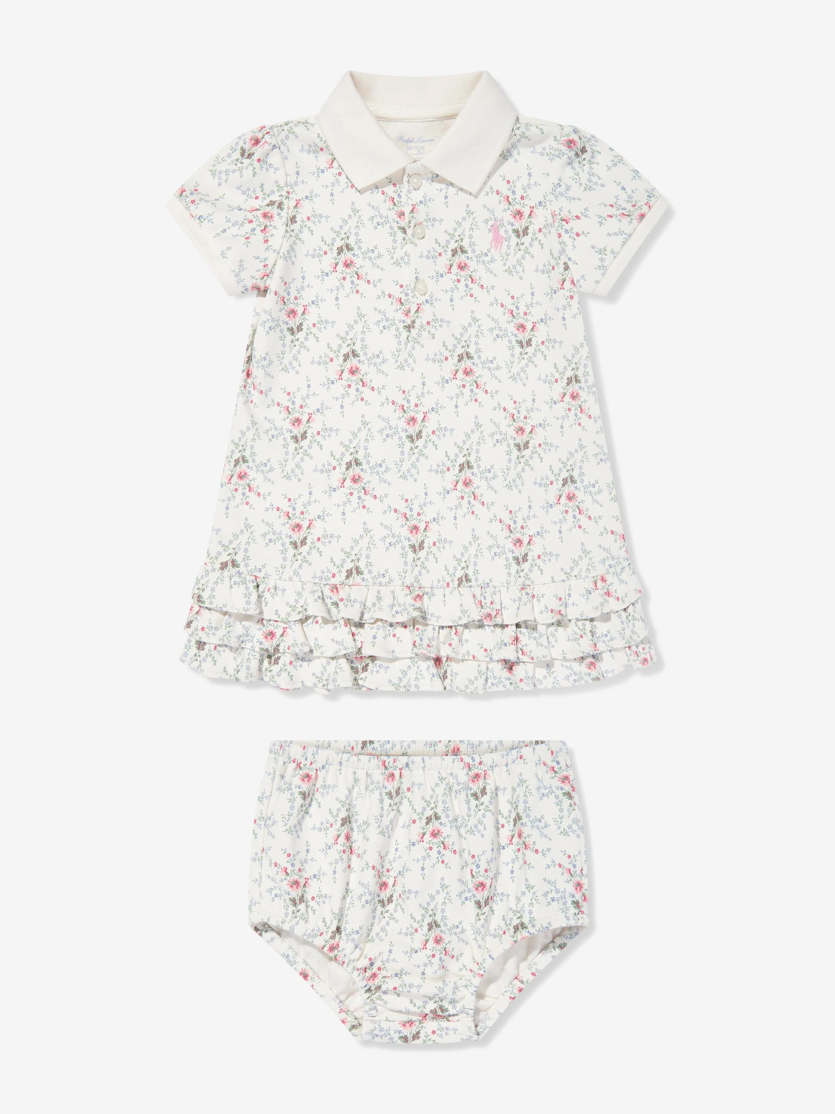 Baby Girls Floral Polo Dress With Blommers in Ivory