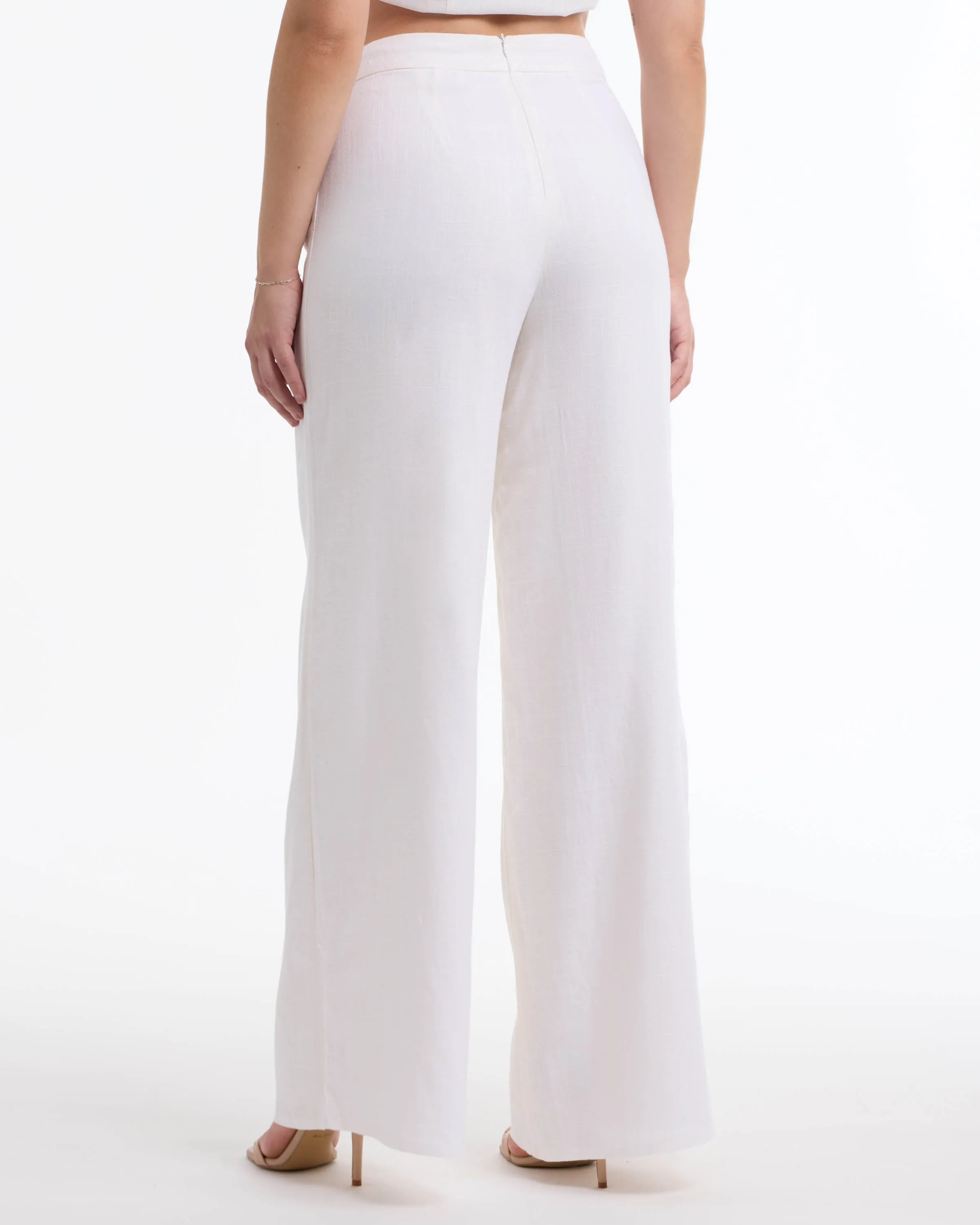 BEBE Women's High Waist Wide Leg Pant with Button Tab Detail