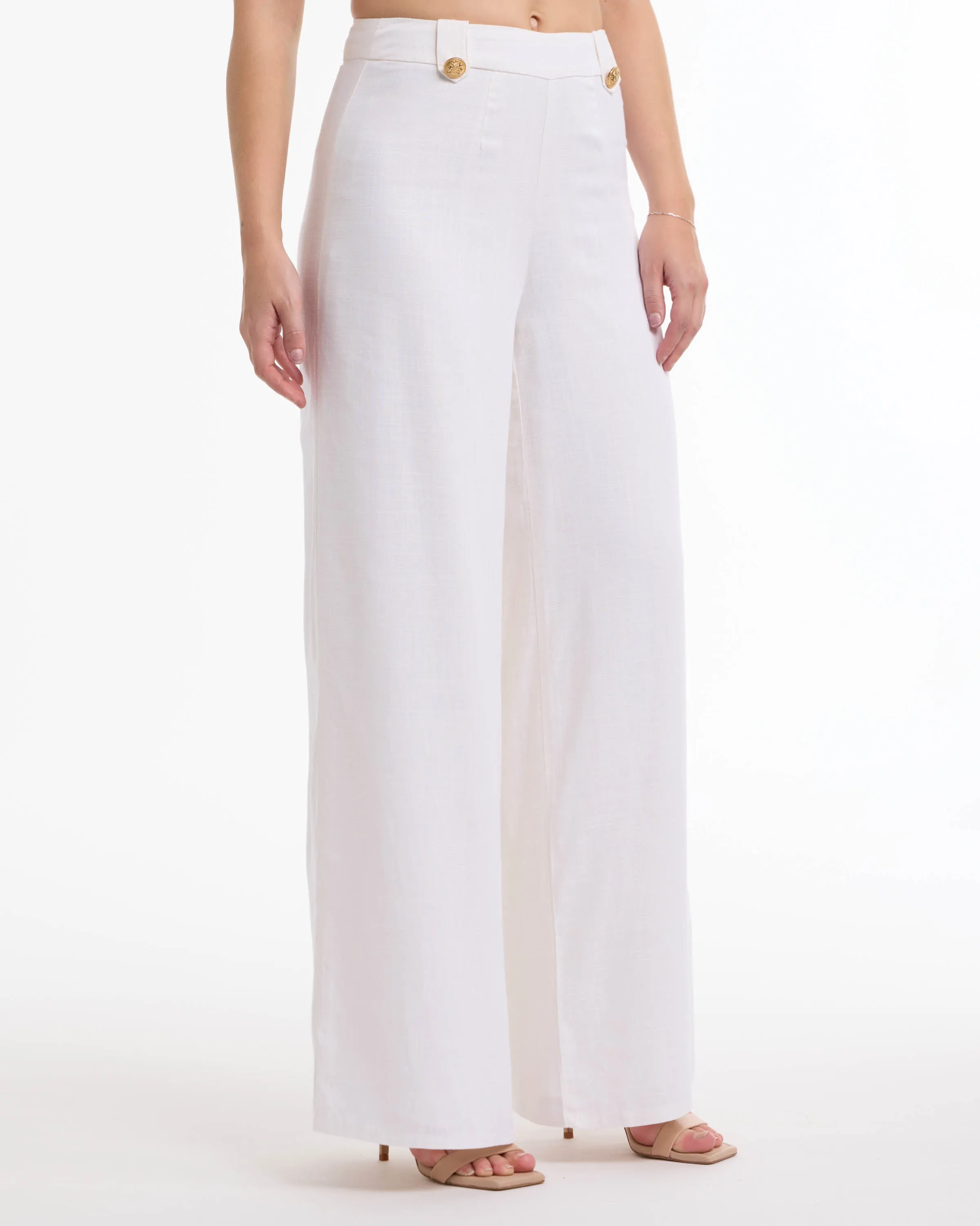 BEBE Women's High Waist Wide Leg Pant with Button Tab Detail