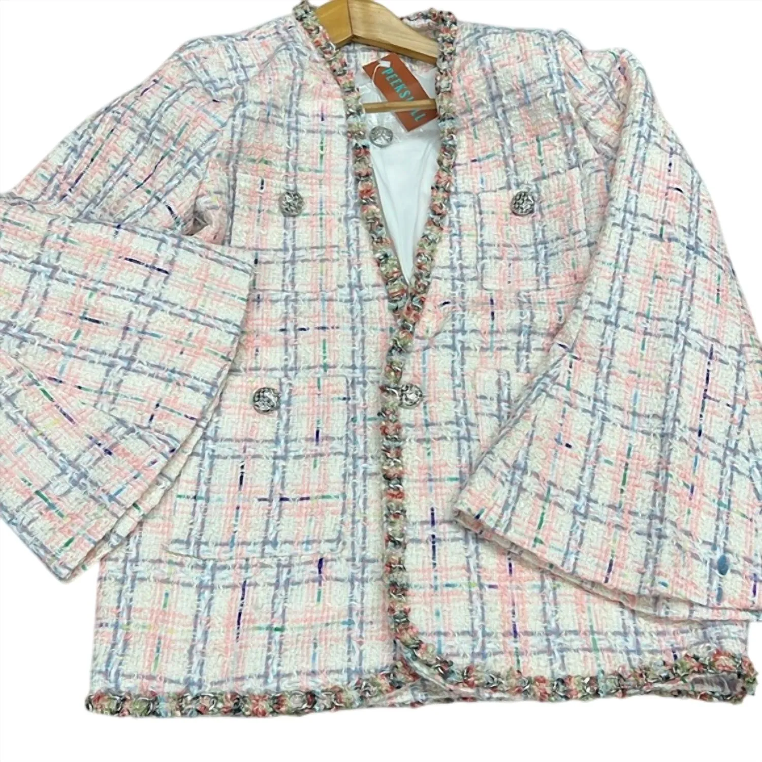 Bell Sleeve Blazer & Short 2 Piece Set In Pink/tweed