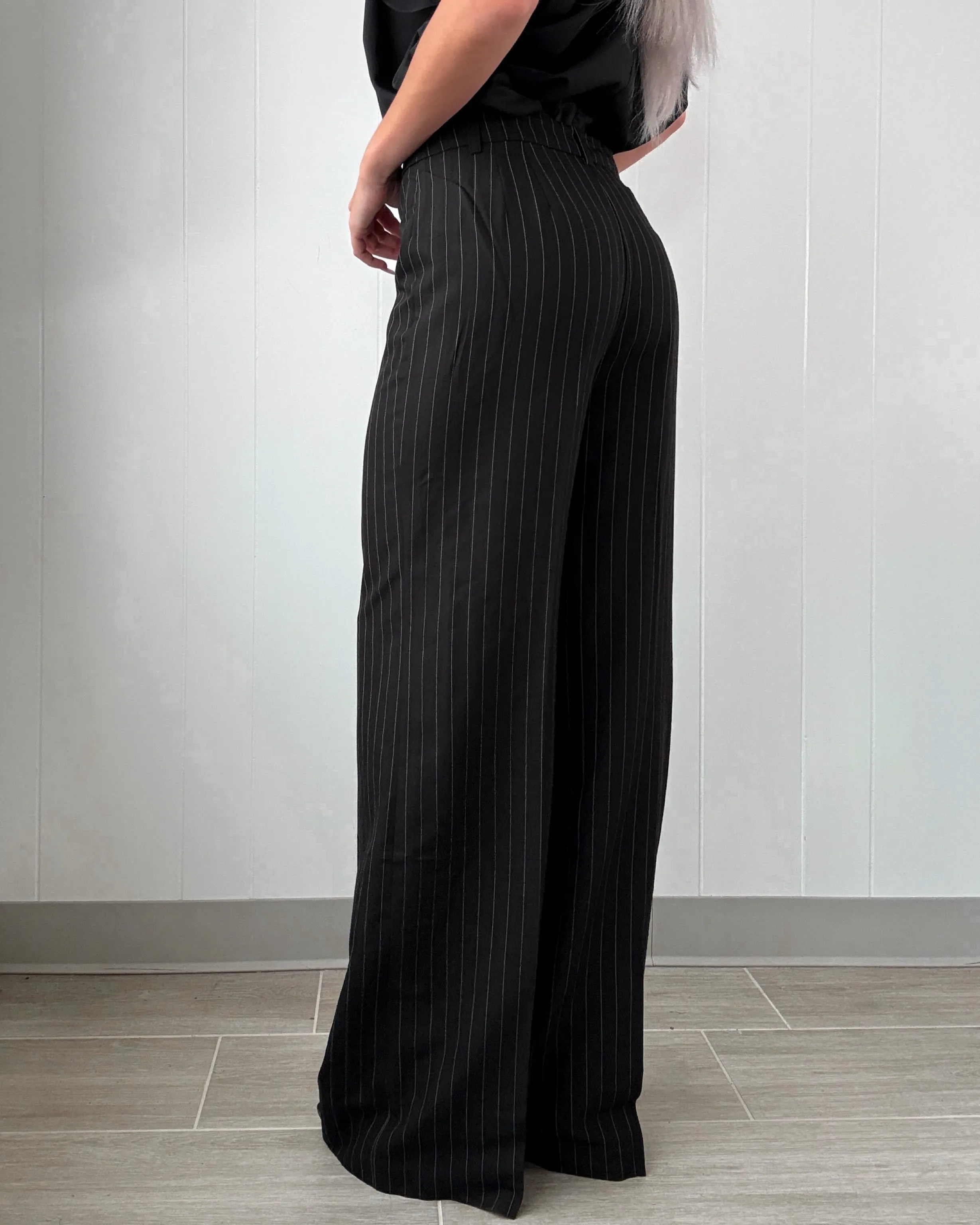 Boss Lane Pinstriped Wide Leg Trousers - Black