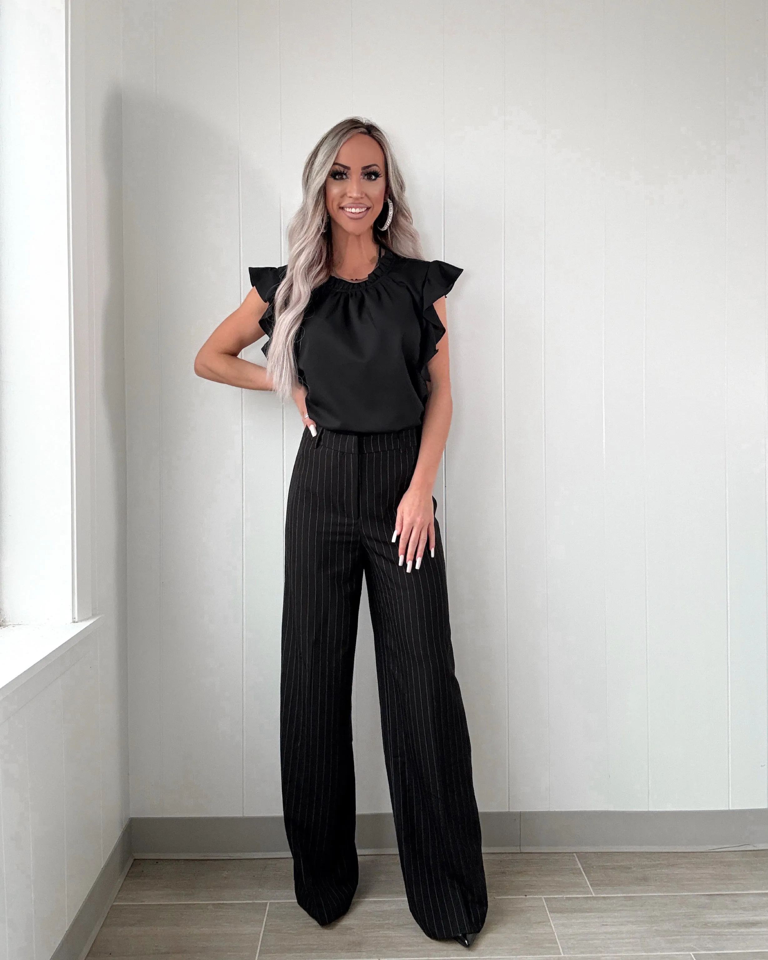 Boss Lane Pinstriped Wide Leg Trousers - Black
