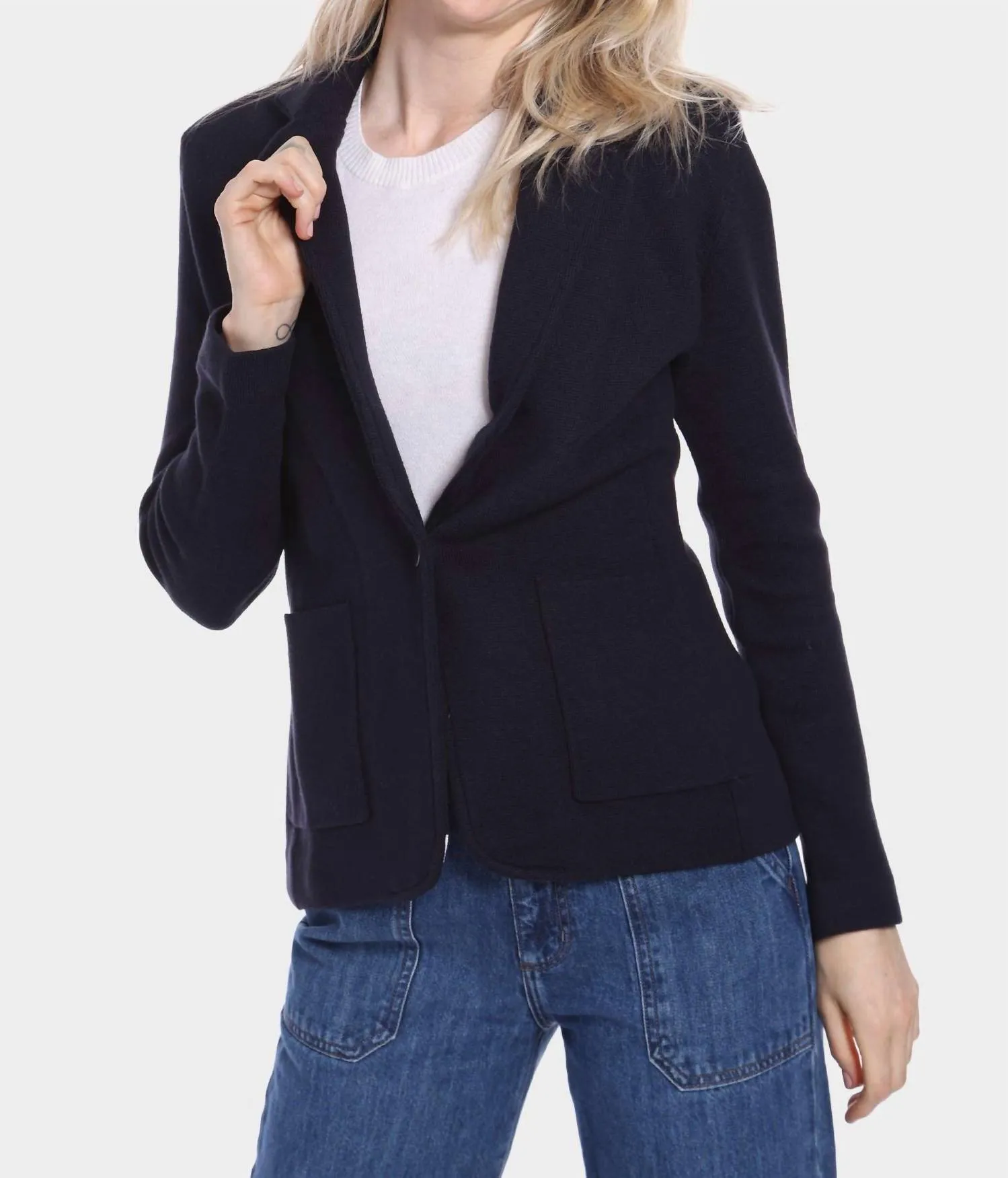 Cotton Blend Fitted Blazer In Navy