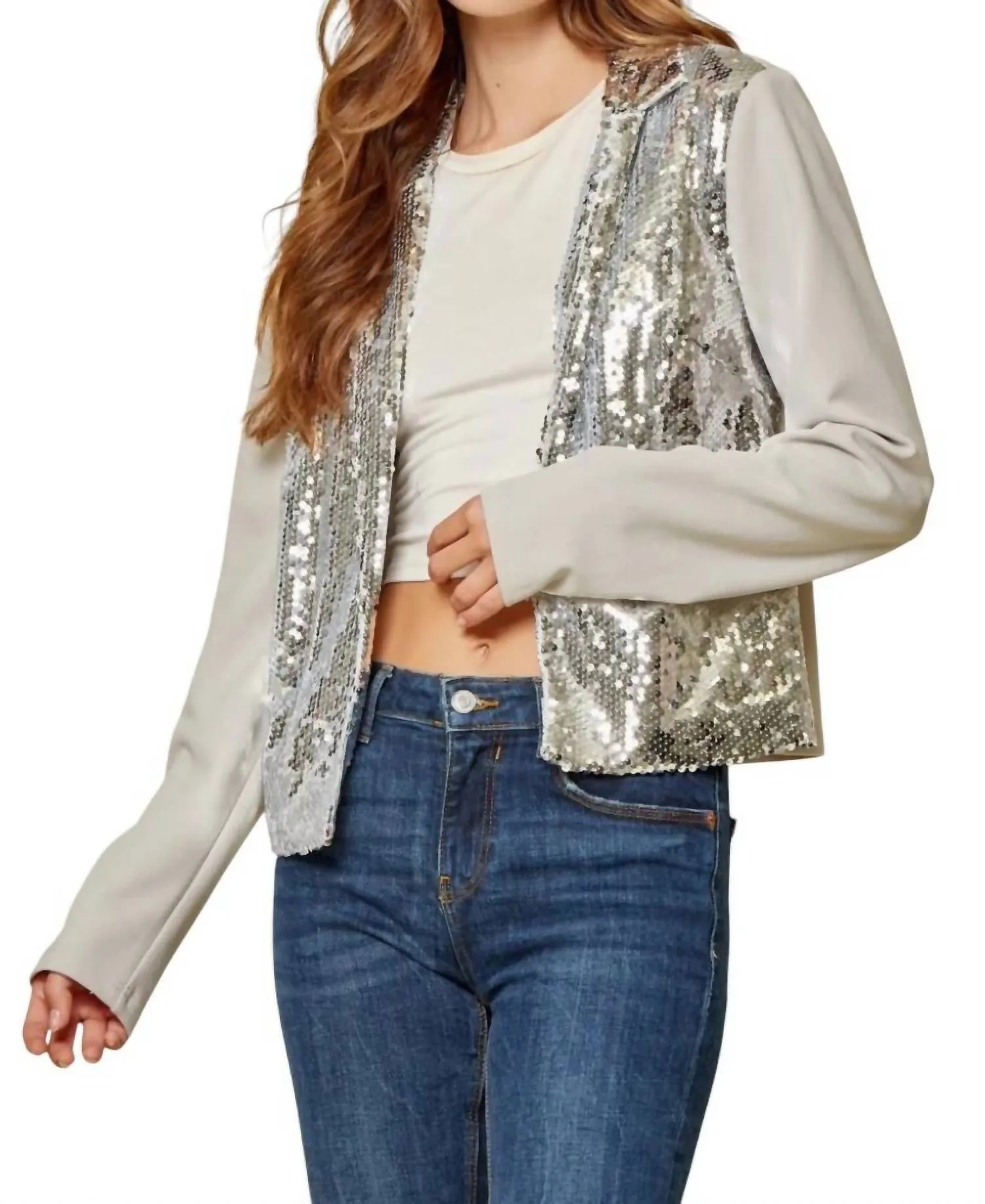 Dazzling Nights Sequin Blazer In Ivory/silver