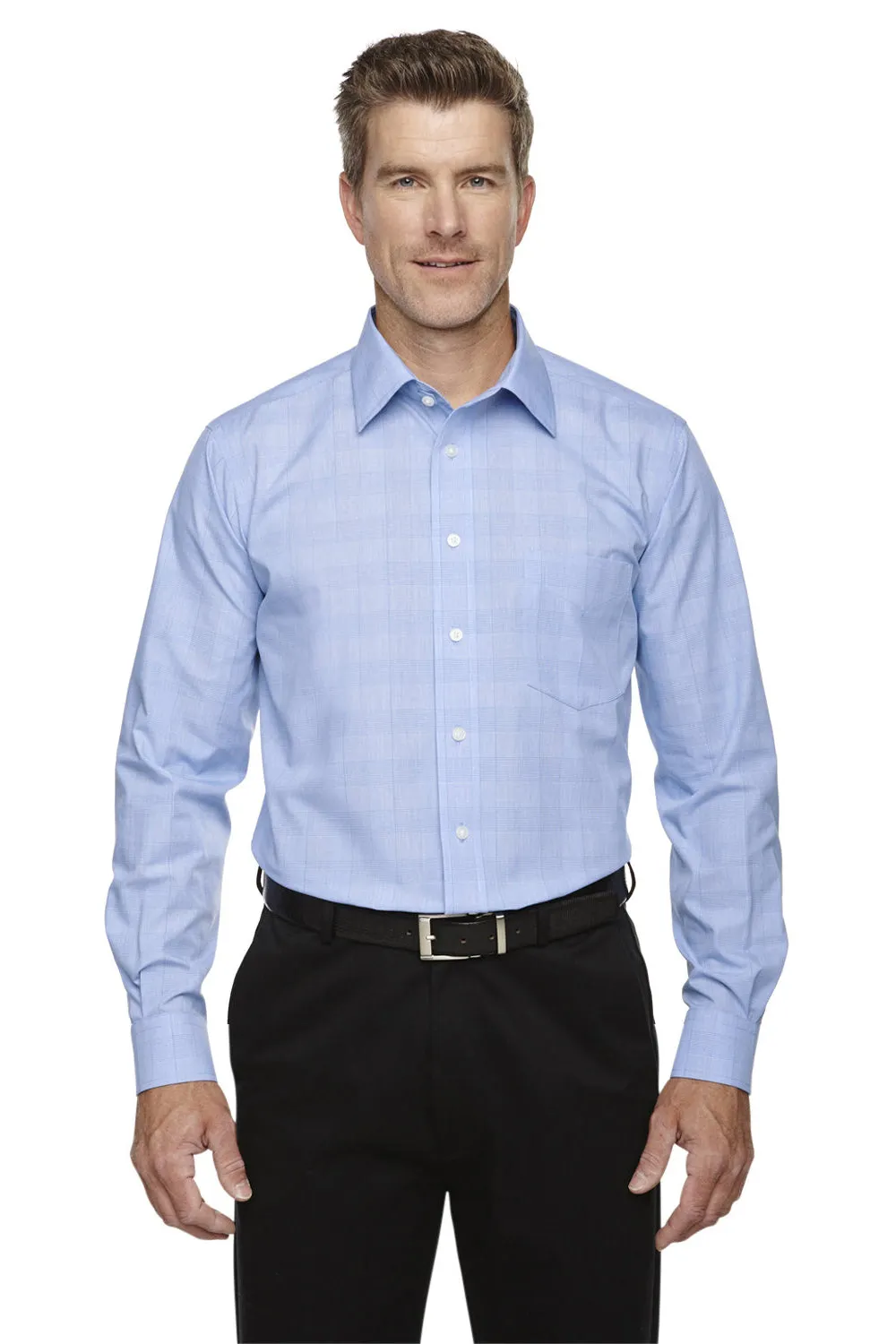 Devon & Jones Mens Crown Woven Collection Wrinkle Resistant Long Sleeve Button Down Shirt w/ Pocket - White/Light French Blue