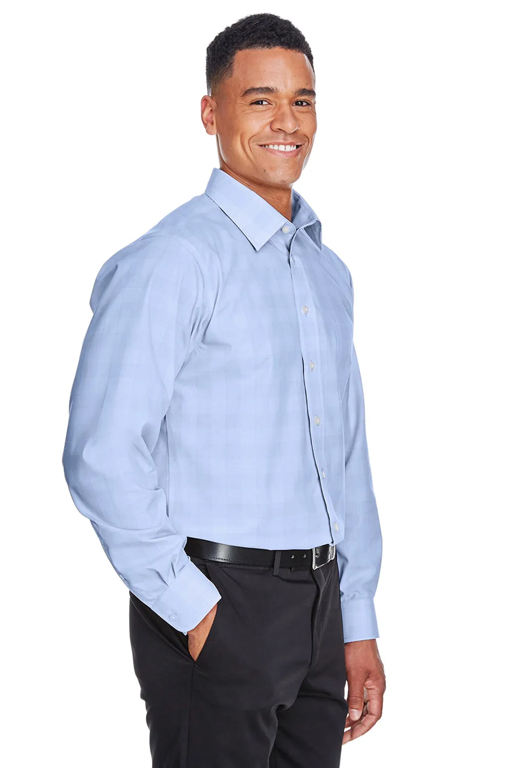 Devon & Jones Mens Crown Woven Collection Wrinkle Resistant Long Sleeve Button Down Shirt w/ Pocket - White/Light French Blue