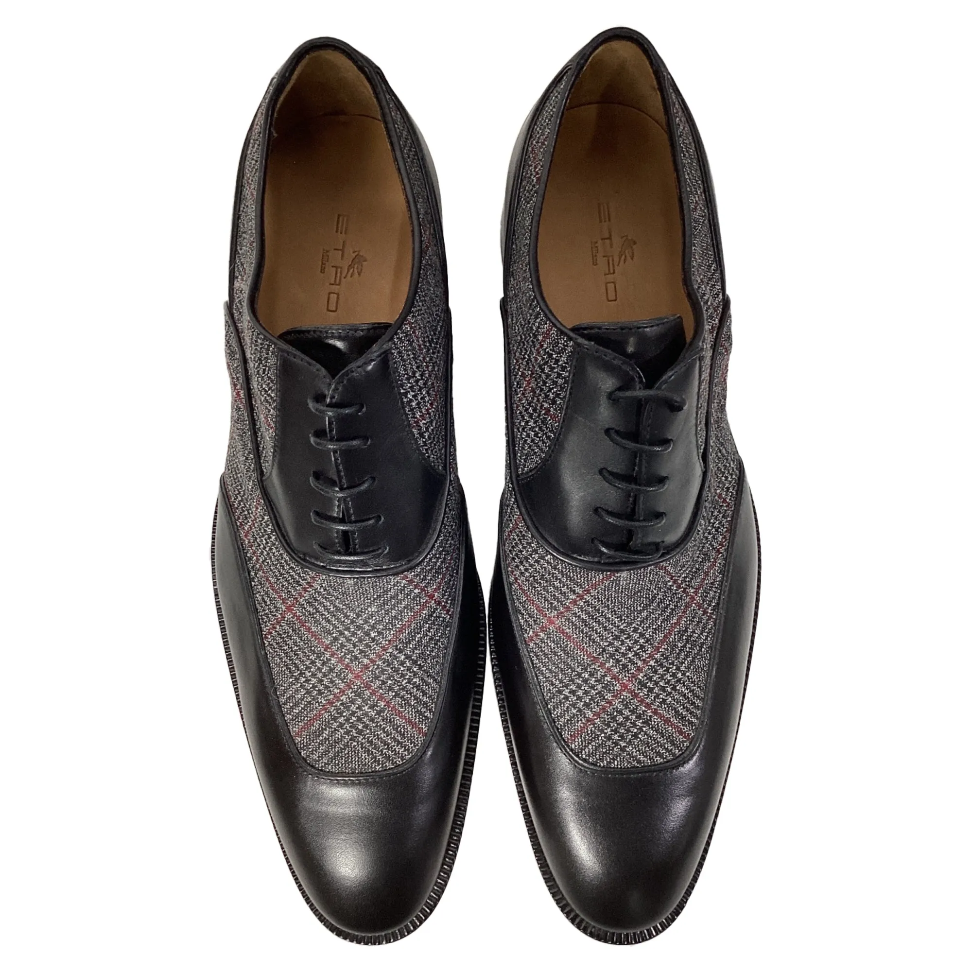 Etro Plaid Lace-Up Oxford Shoes in Black Wool and Leather