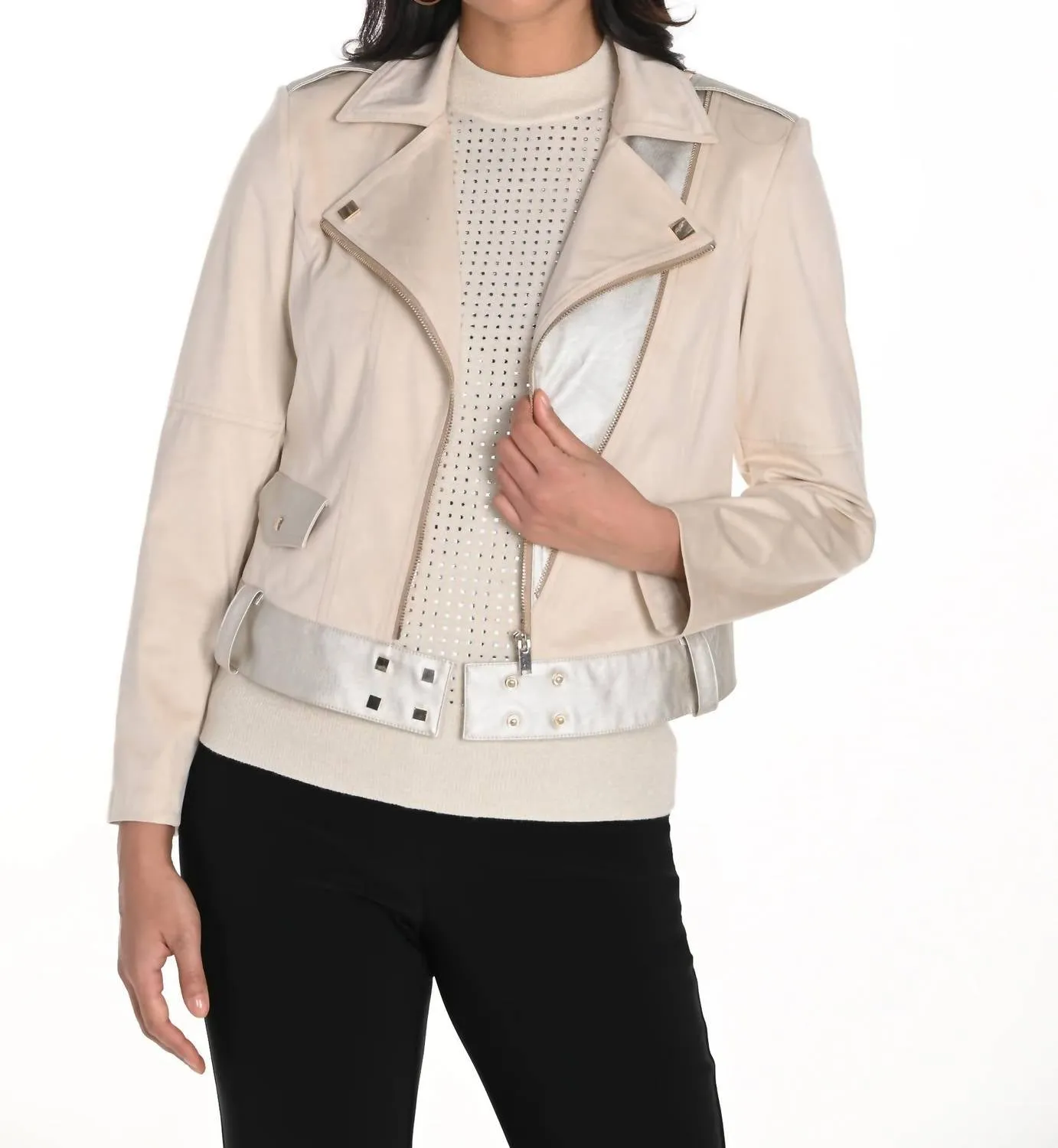 Faux Suede Moto Jacket In Beige