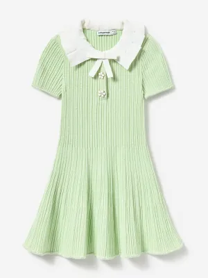 Girls Ribbed Knit Dress in Green