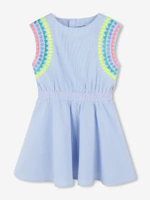 Girls Striped Embroidered Dress in Blue