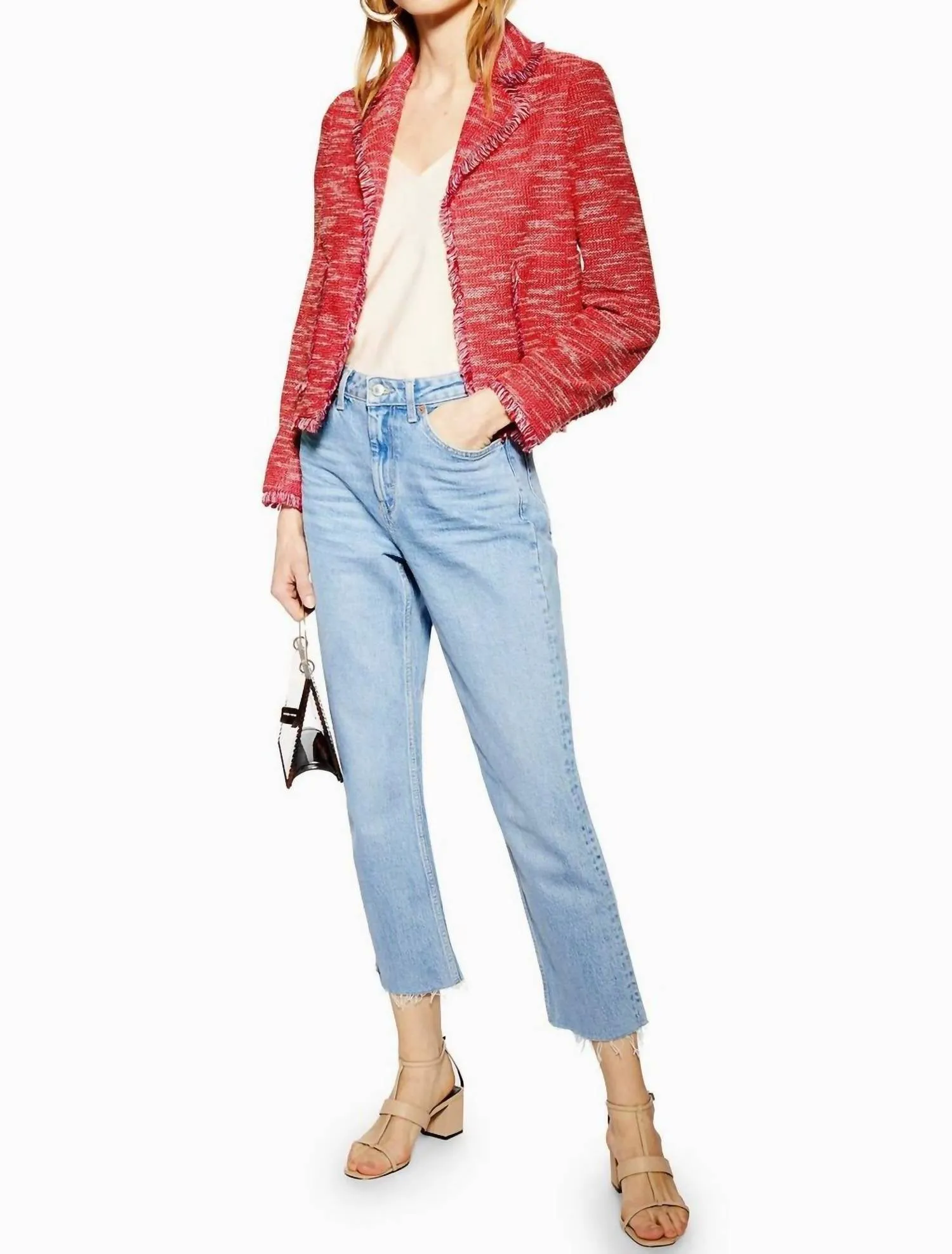 Jersey Boucle Open Front Blazer In Red