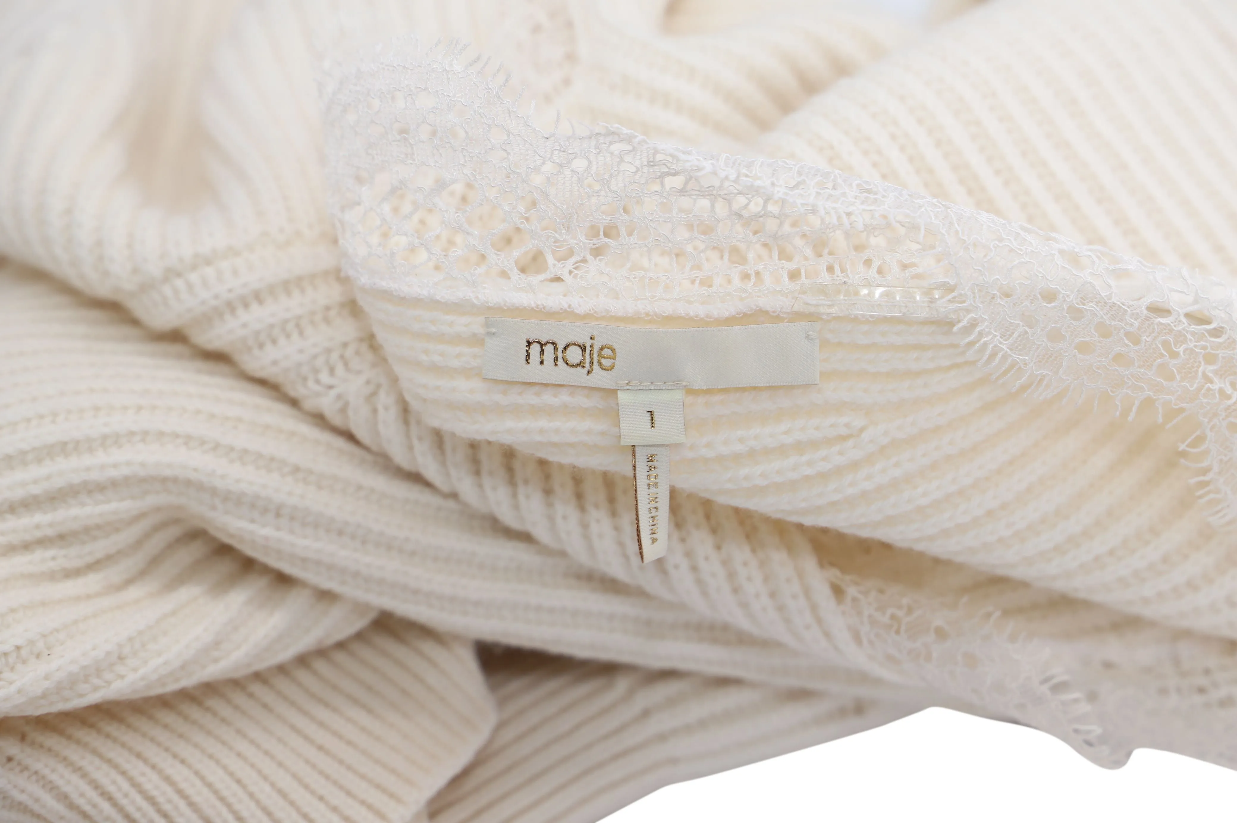 Maje Lace Neckline Sweater in White Acrylic