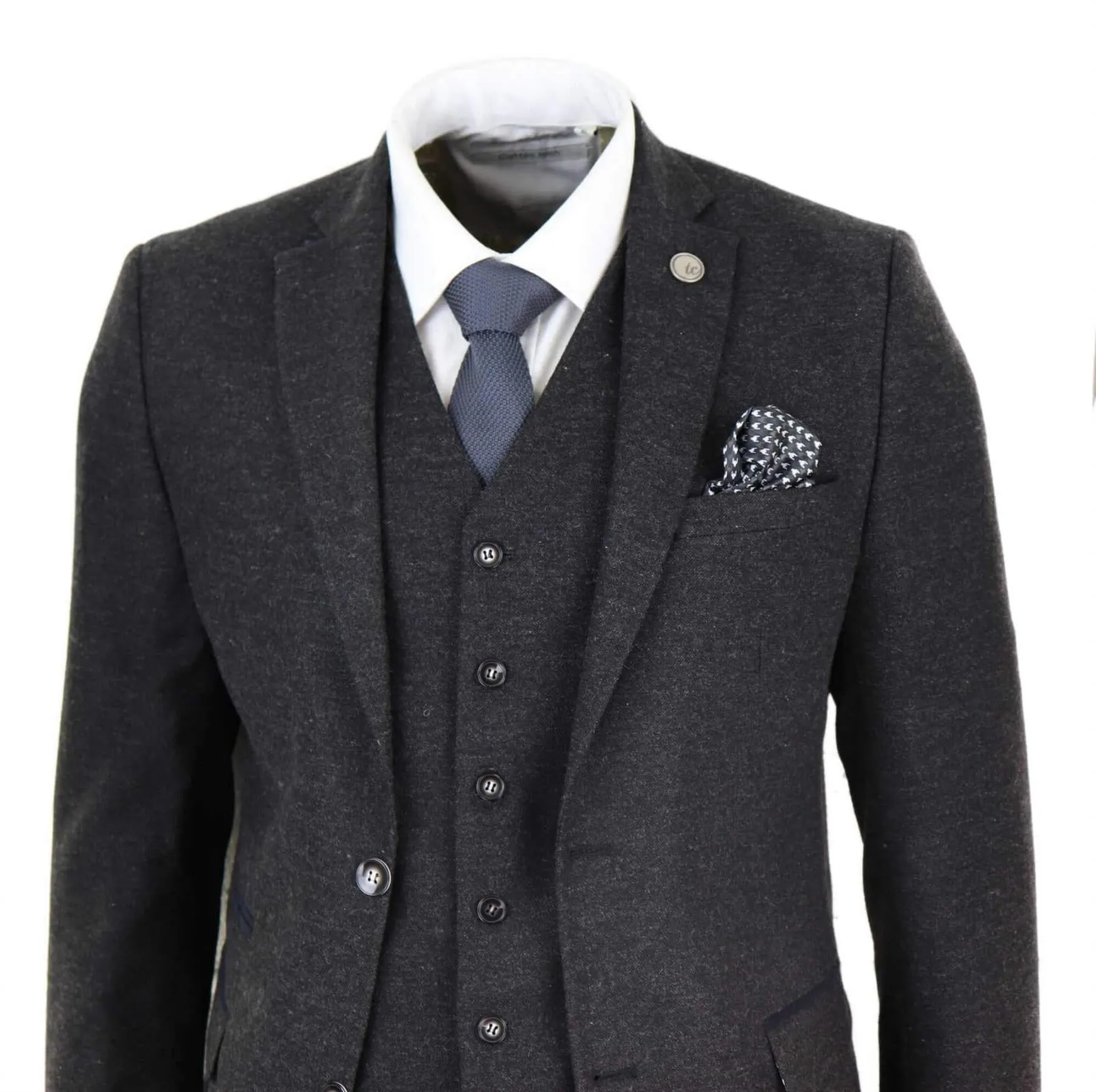 Mens 3 Piece Black Wool Tweed Vintage Retro Suit