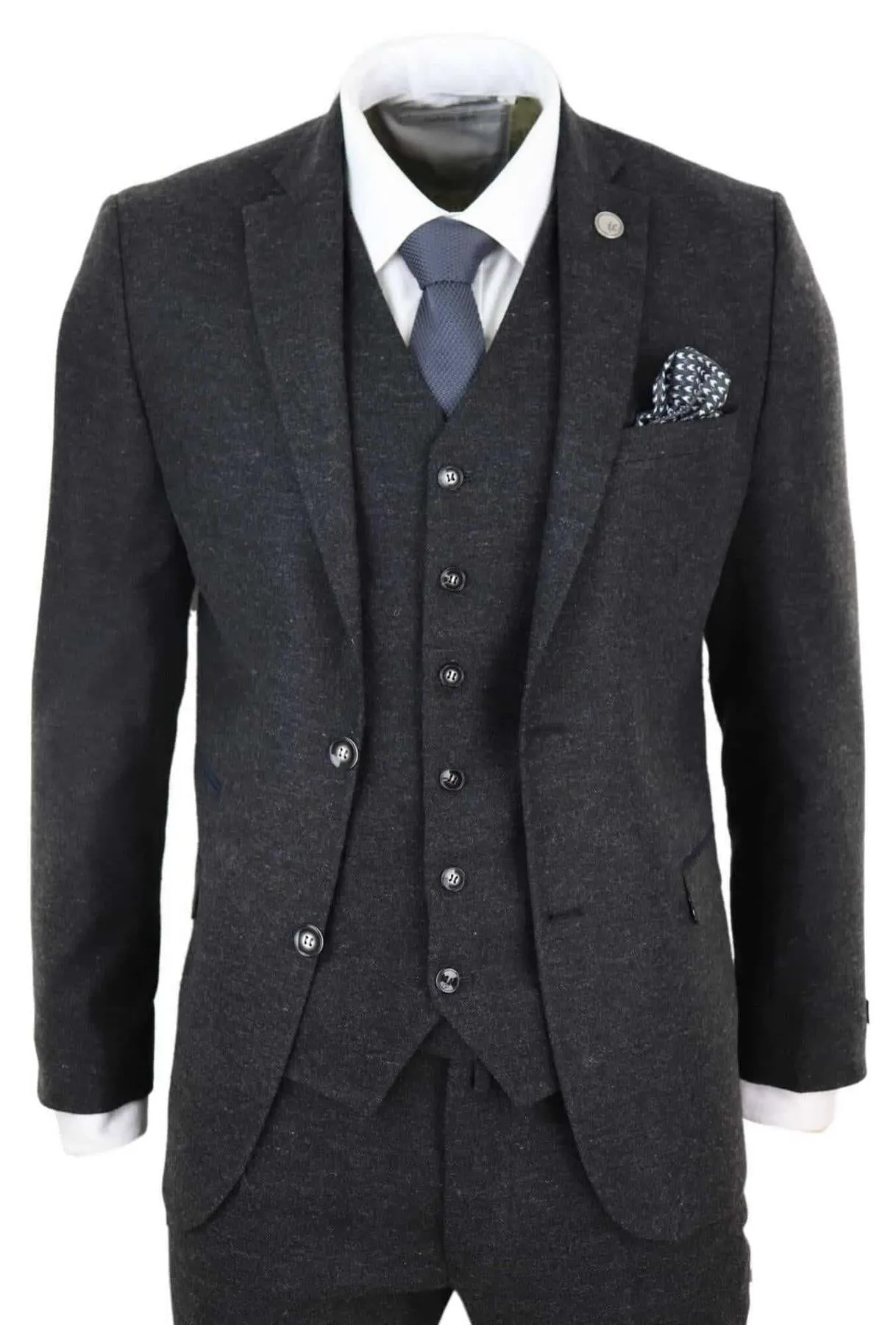 Mens 3 Piece Black Wool Tweed Vintage Retro Suit