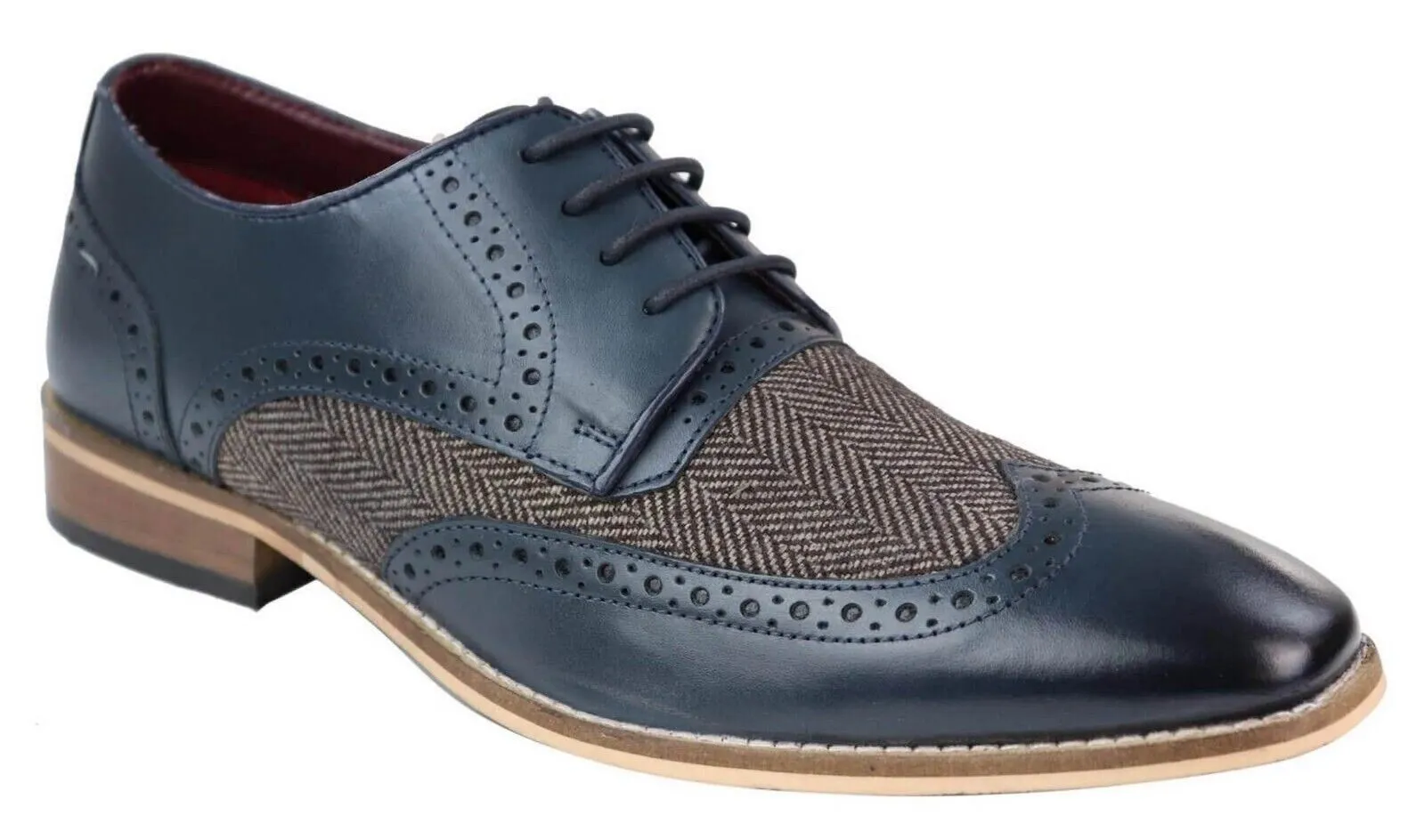 Mens Classic Oxford Navy Brogue Derby Shoes in Tan Leather