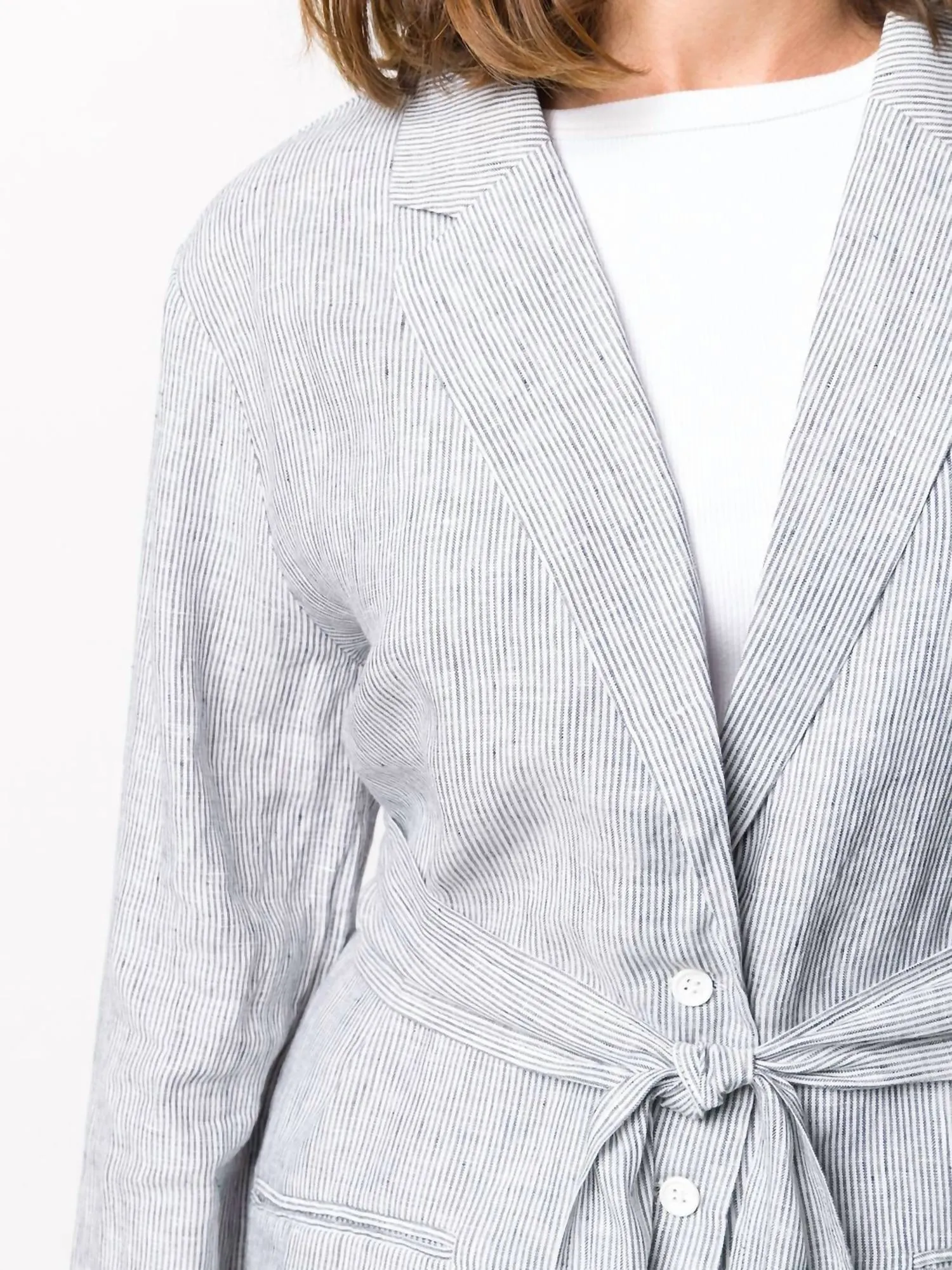 Mini Stripe Linen Blazer In Grey
