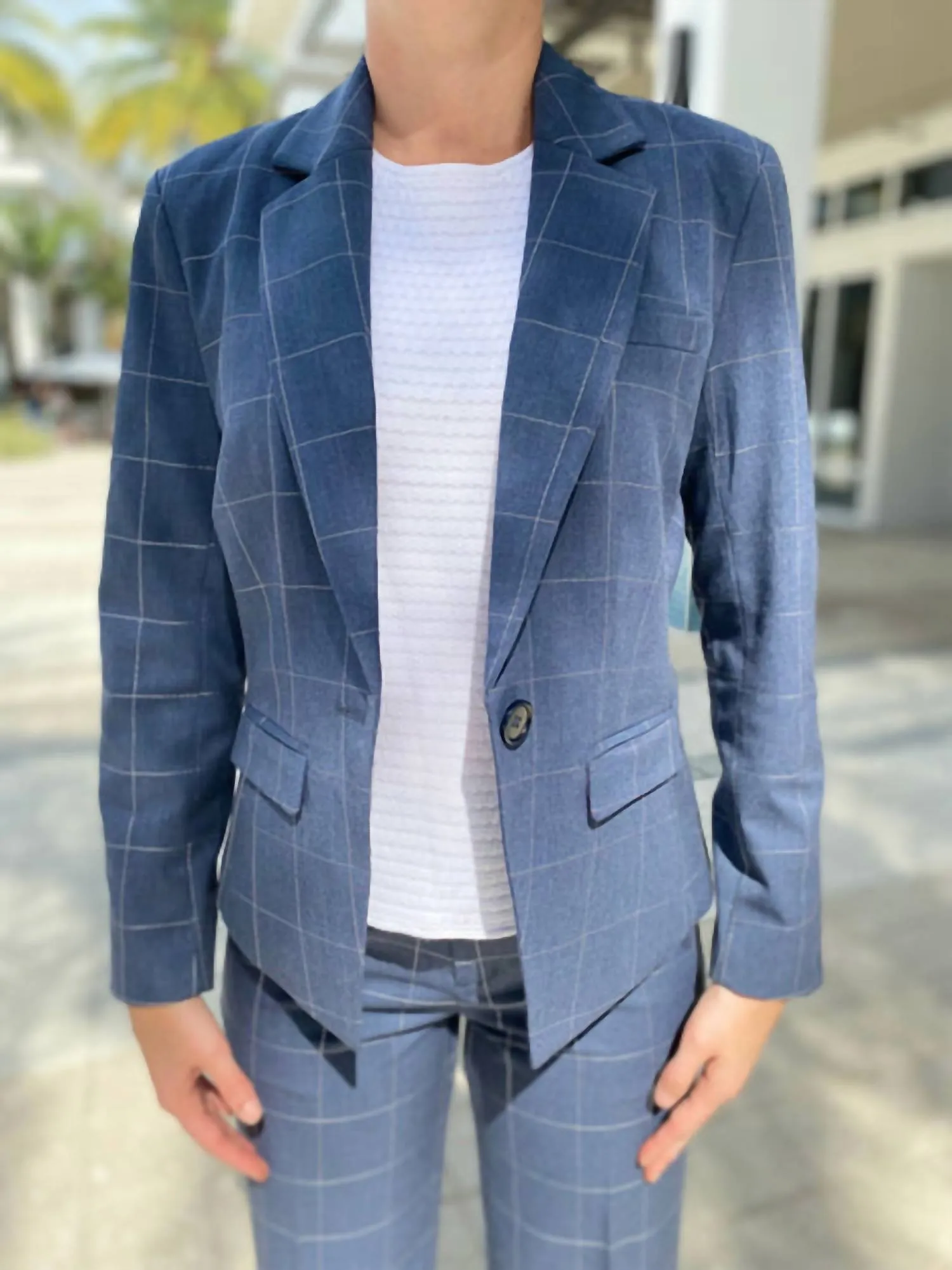 One Button Blazer With Embroidery In Blue Pinstrip
