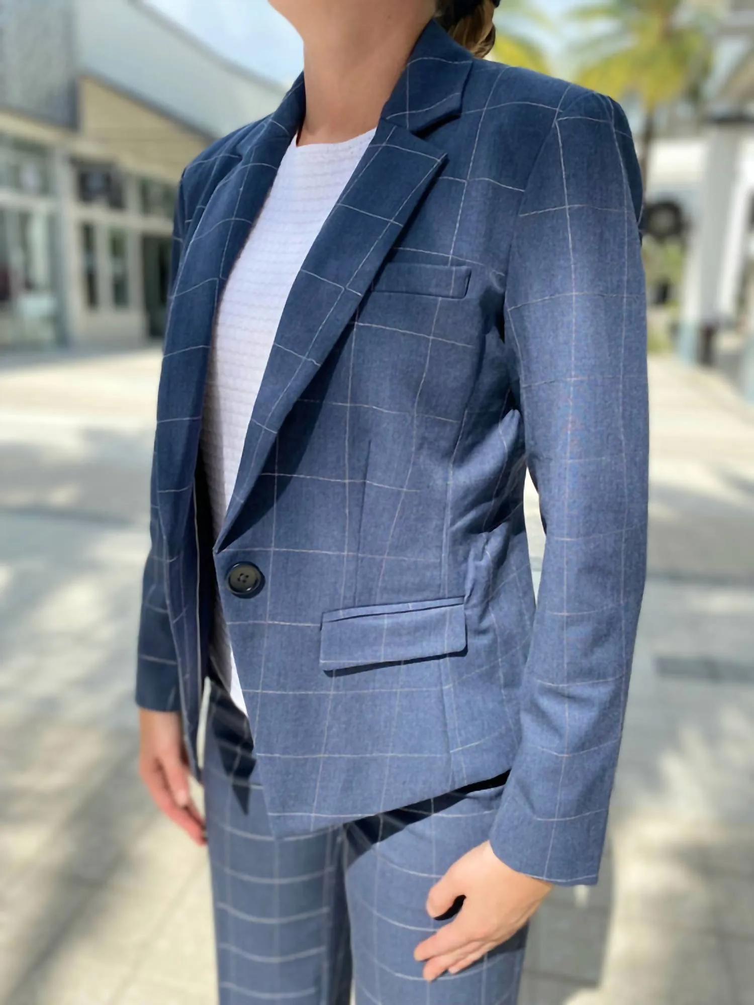 One Button Blazer With Embroidery In Blue Pinstrip