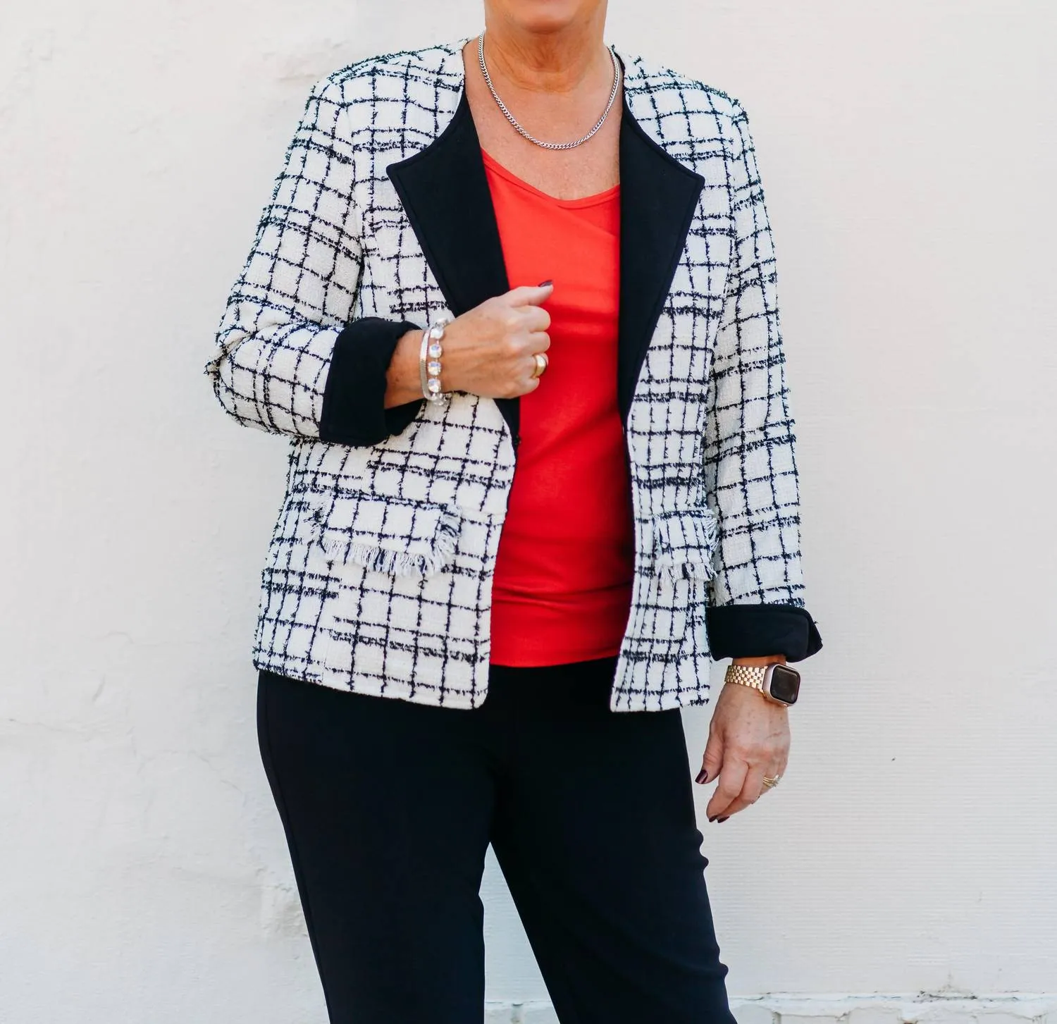 Plaid Woven Jacket W/ Faux Suede Trim In Snow