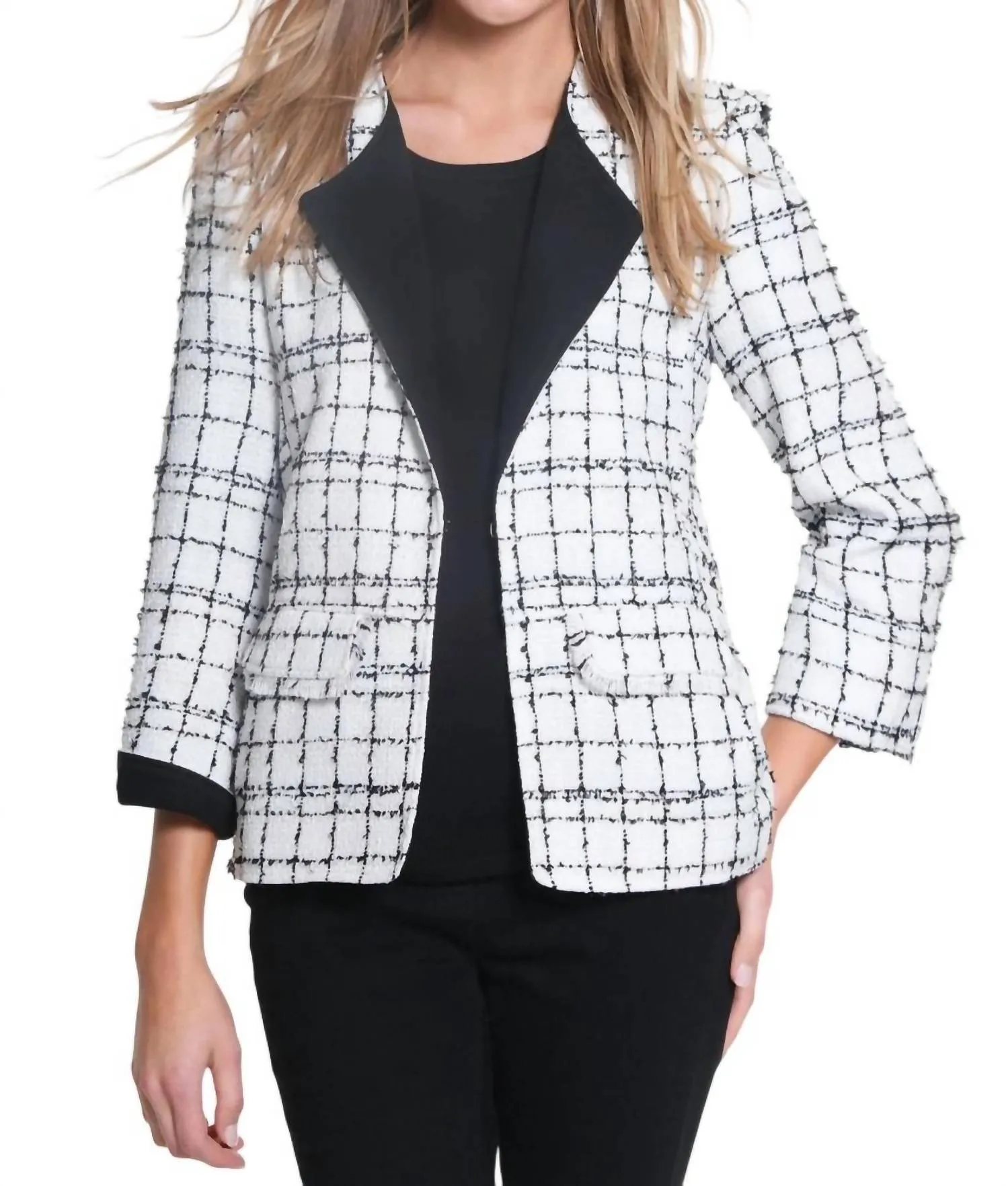 Plaid Woven Jacket W/ Faux Suede Trim In Snow