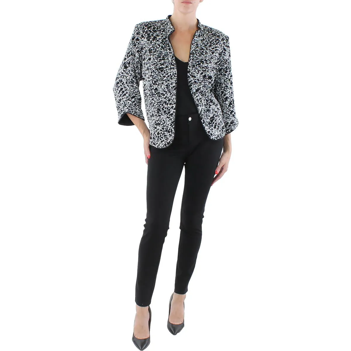 Plus Womens Knit Glitter Collarless Blazer