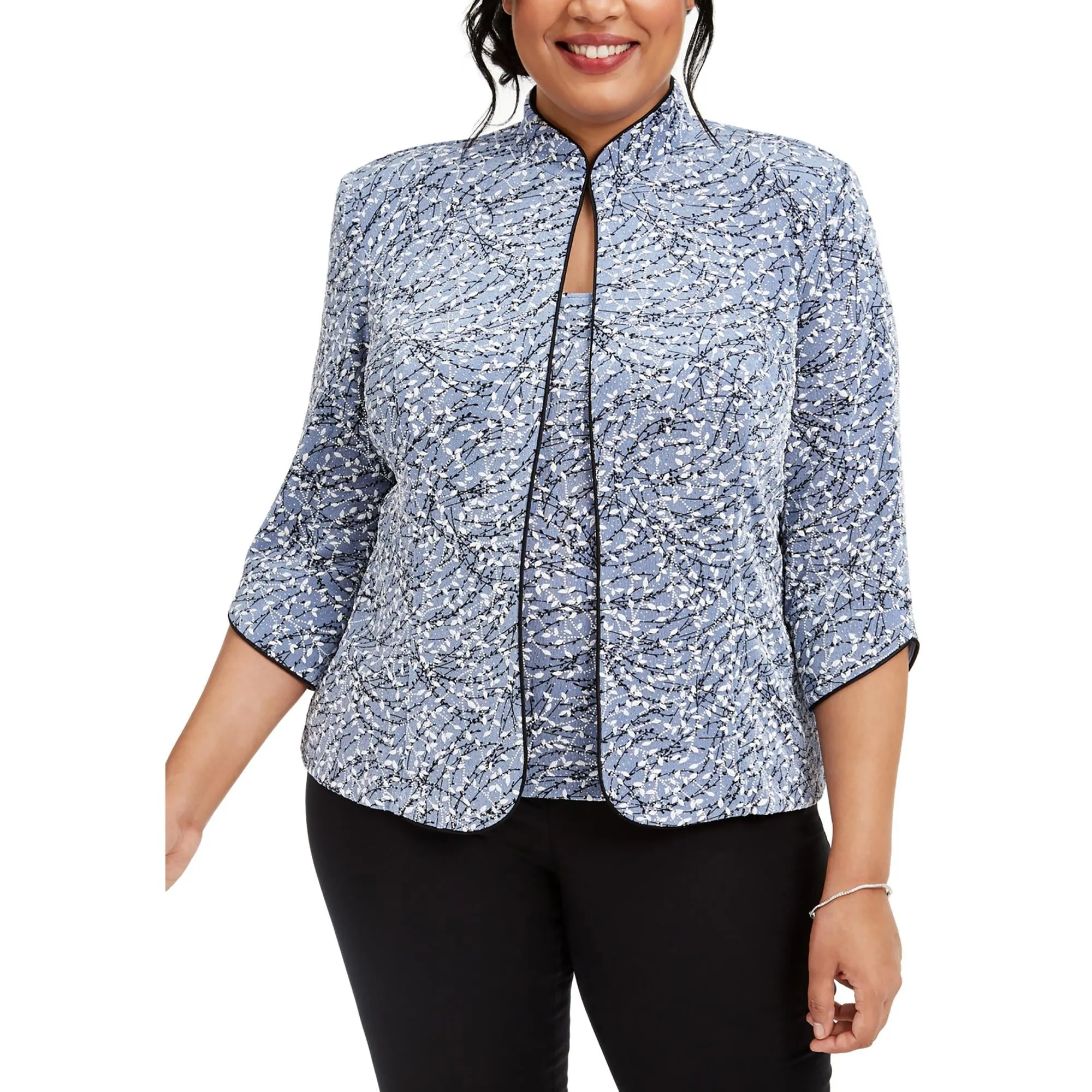 Plus Womens Knit Glitter Collarless Blazer