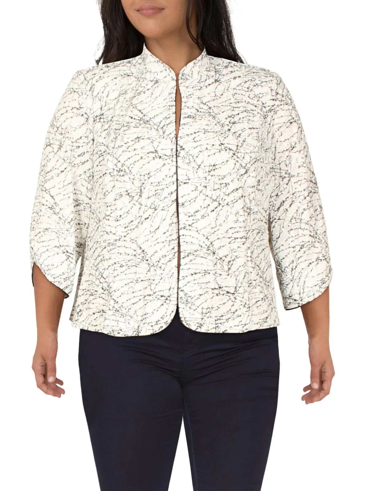 Plus Womens Knit Glitter Collarless Blazer