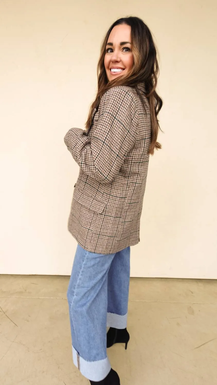 Relaxed Plaid Blazer Jacket In Brown