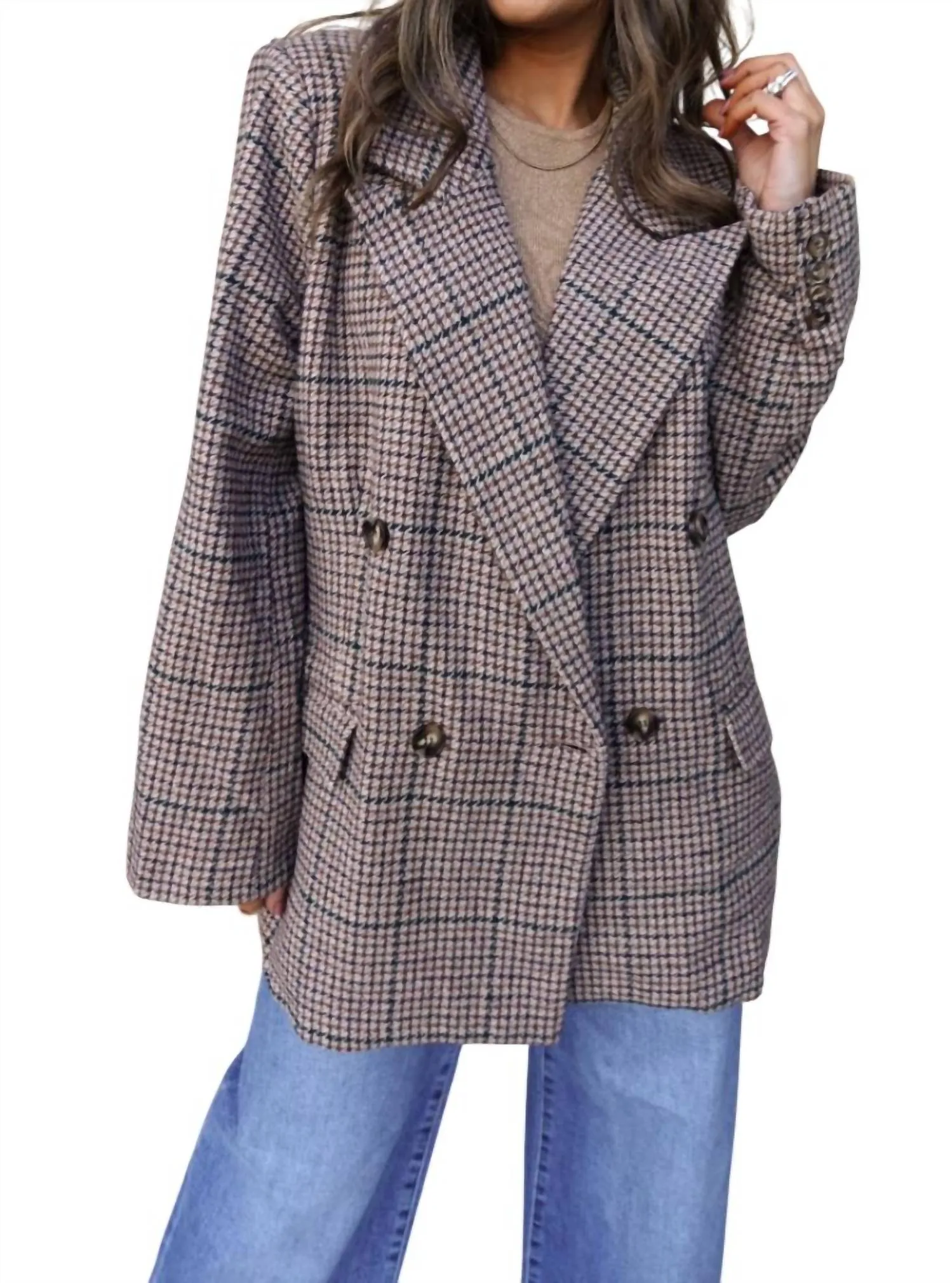 Relaxed Plaid Blazer Jacket In Brown