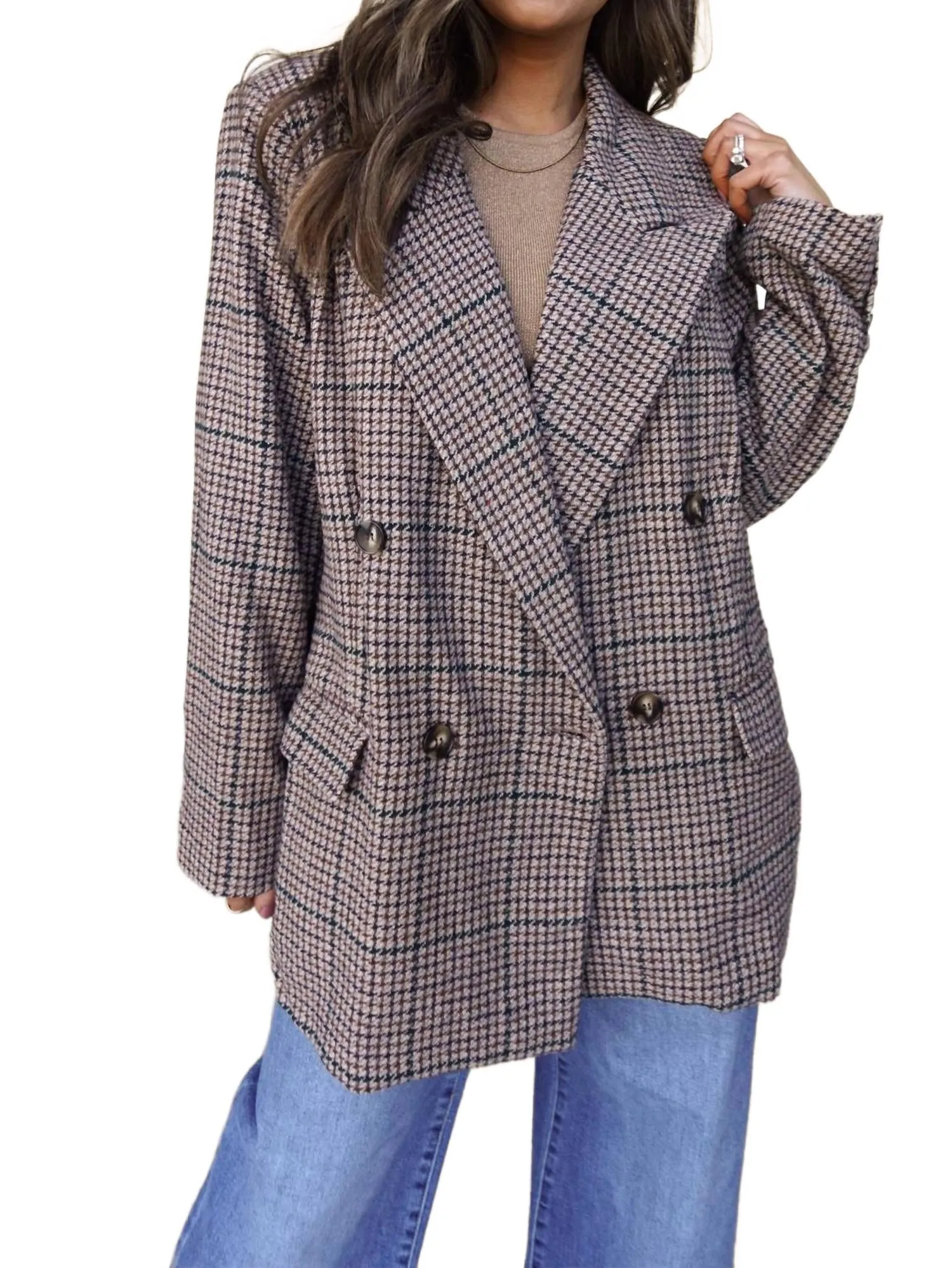 Relaxed Plaid Blazer Jacket In Brown