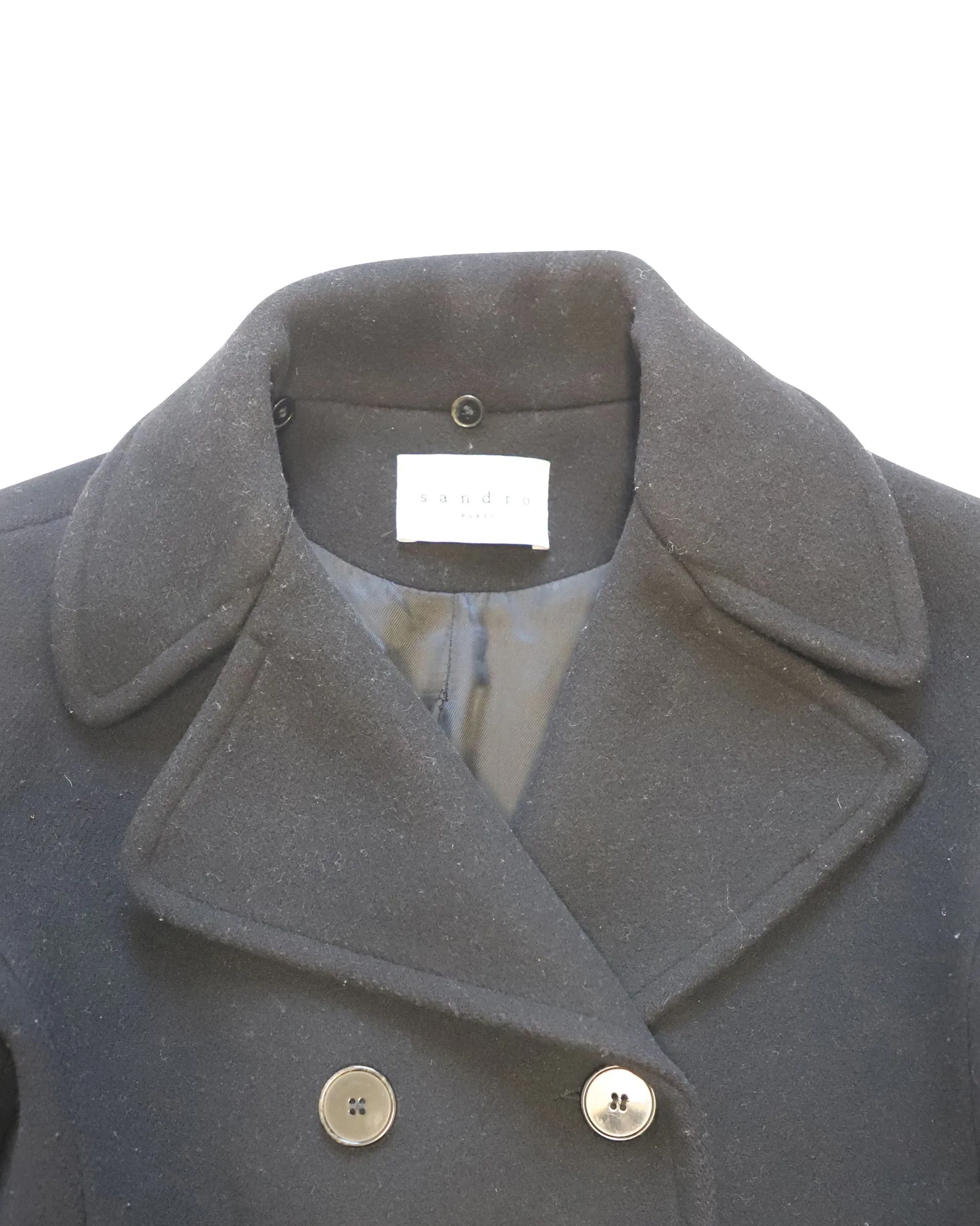 Sandro Paris Double Breasted Peacoat in Black Wool