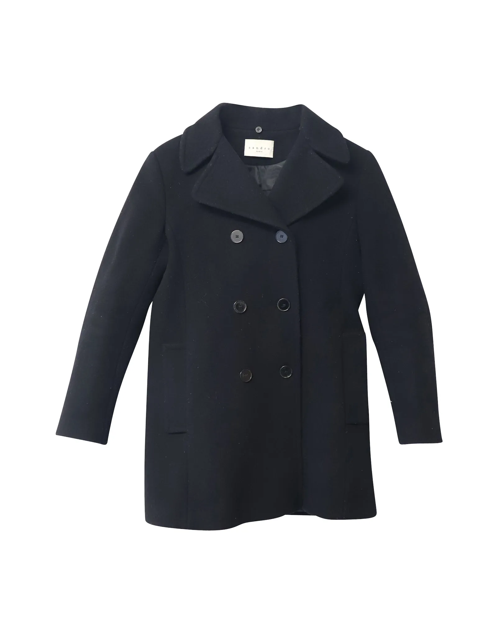 Sandro Paris Double Breasted Peacoat in Black Wool