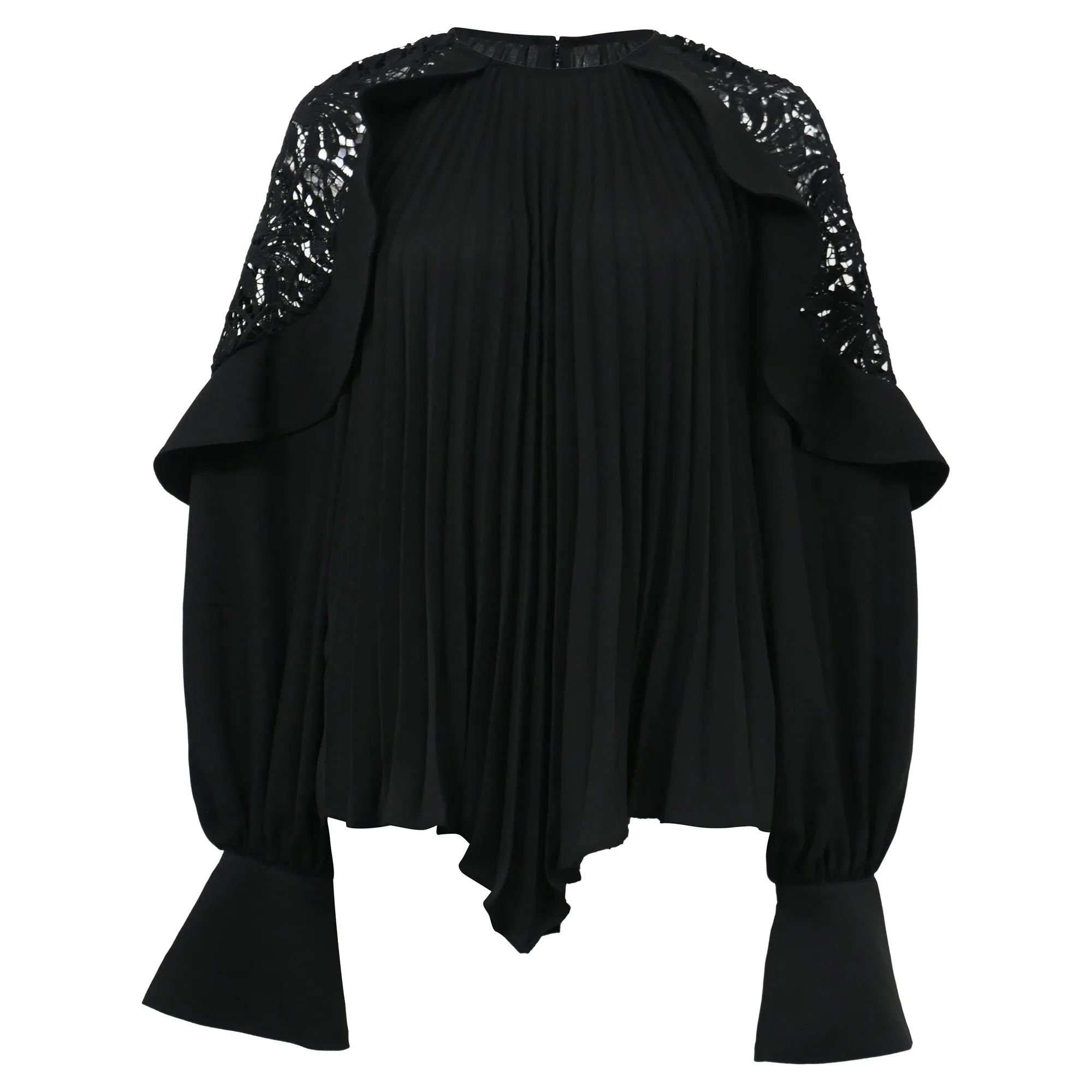 Self-Portrait Ruffled Lace-Trimmed Blouse in Black Polyester