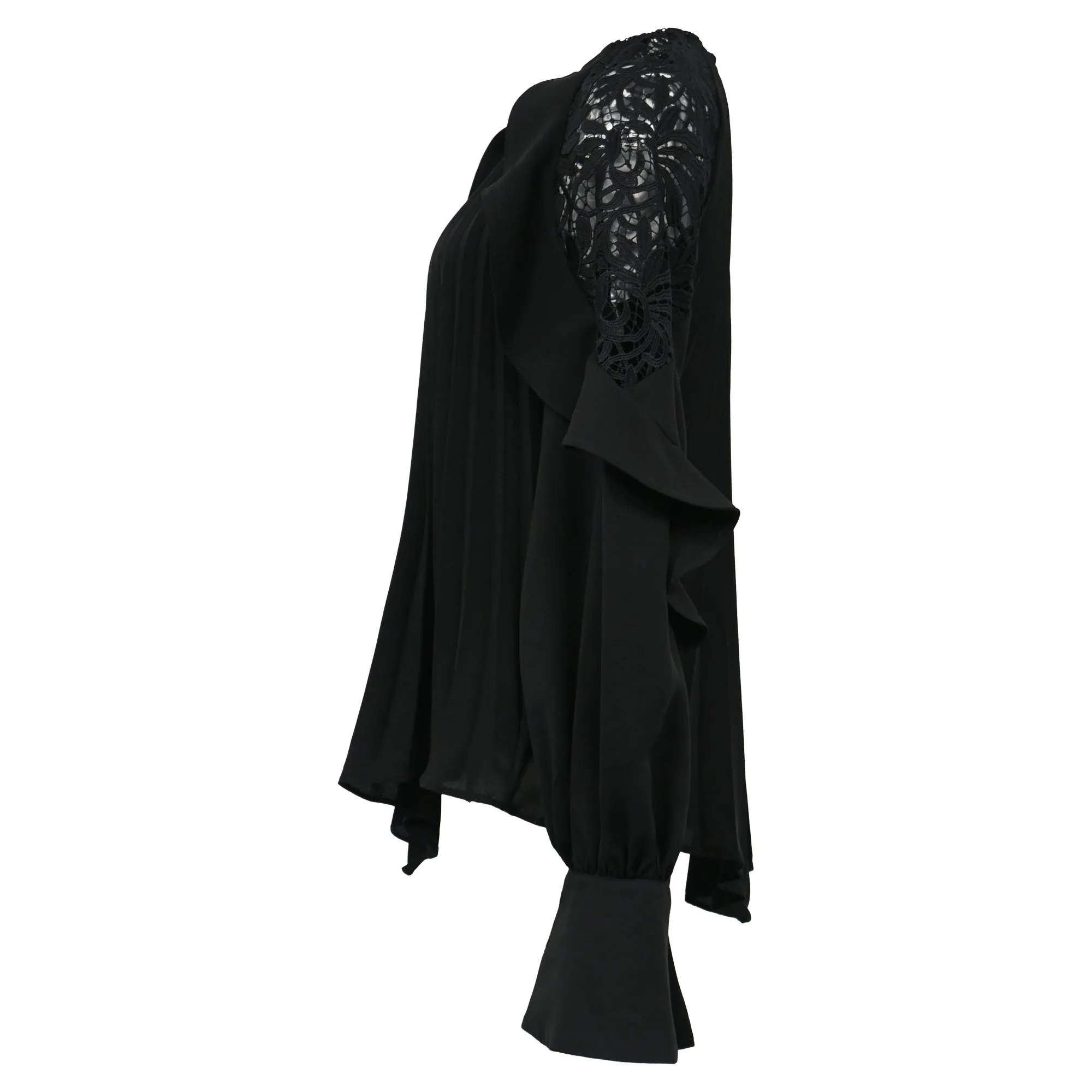 Self-Portrait Ruffled Lace-Trimmed Blouse in Black Polyester