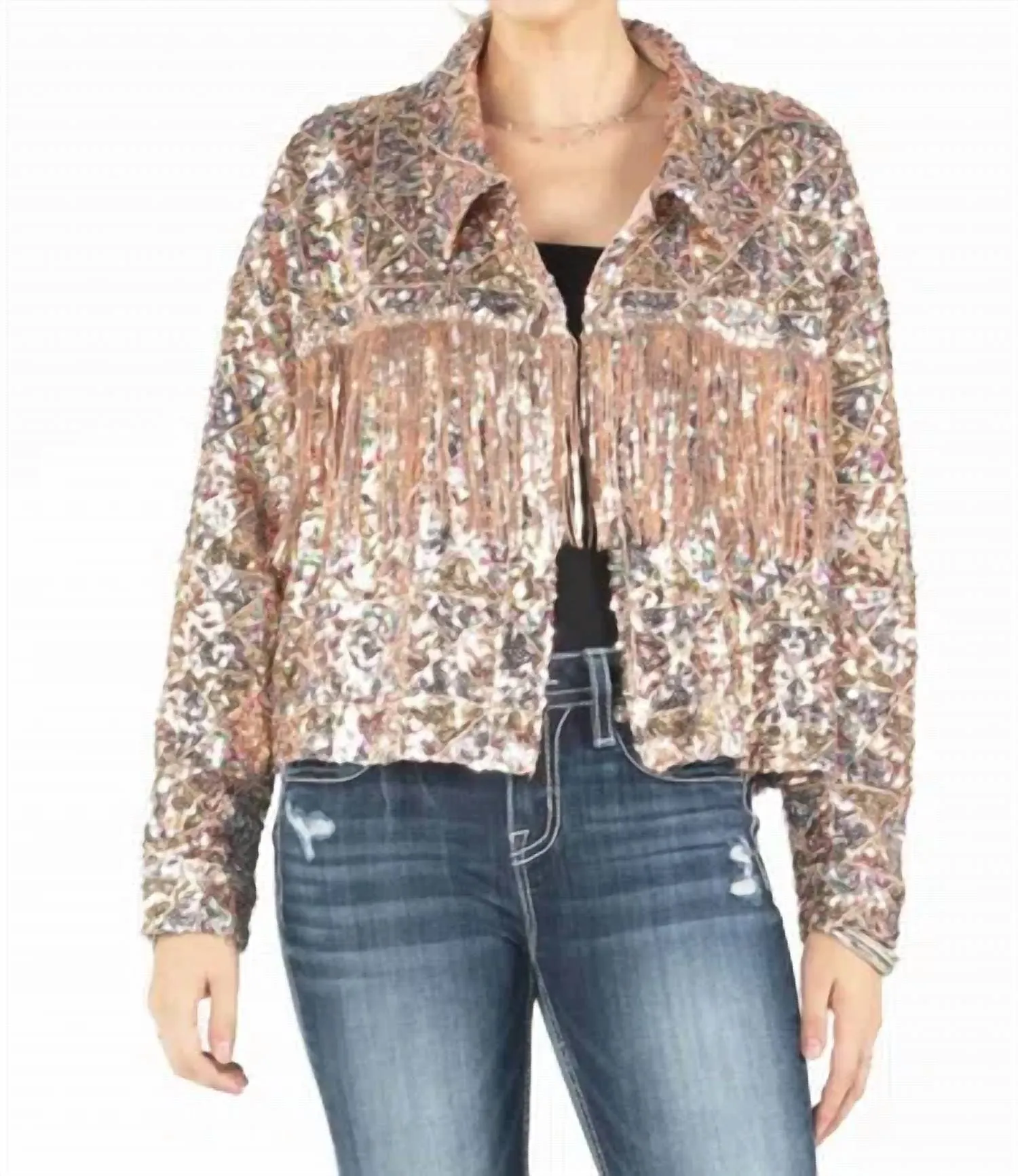 Sequin Fringe Jacket In Rose Gold