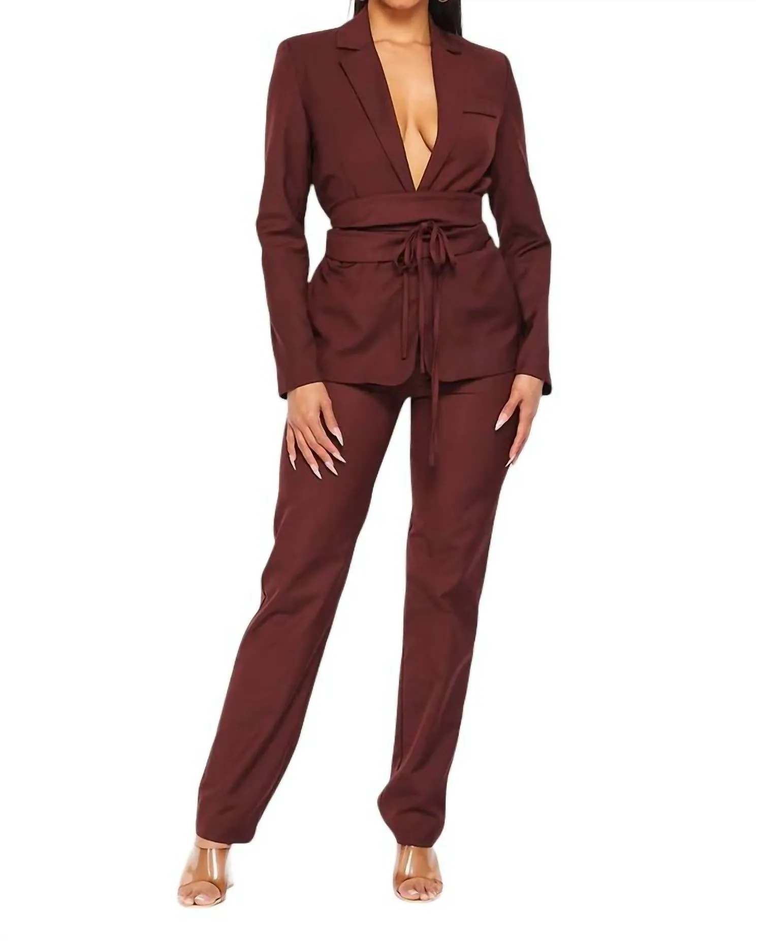 Solid Jacket And Pants Set In Brown