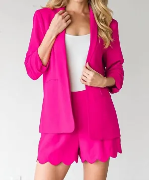 Solid Ruched Sleeve Blazer In Hot Pink