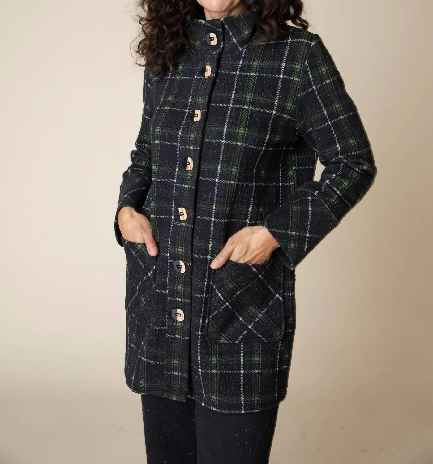Speckle Knit Plaid Car Coat In Green