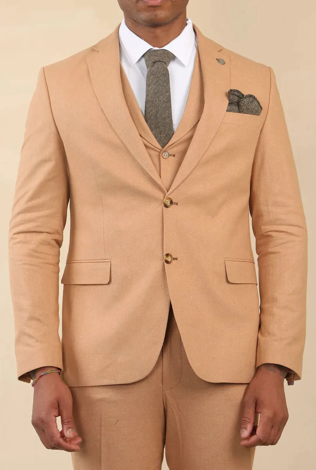 TP-23 - Men's Camel 3 Piece Linen Summer Wedding Suit