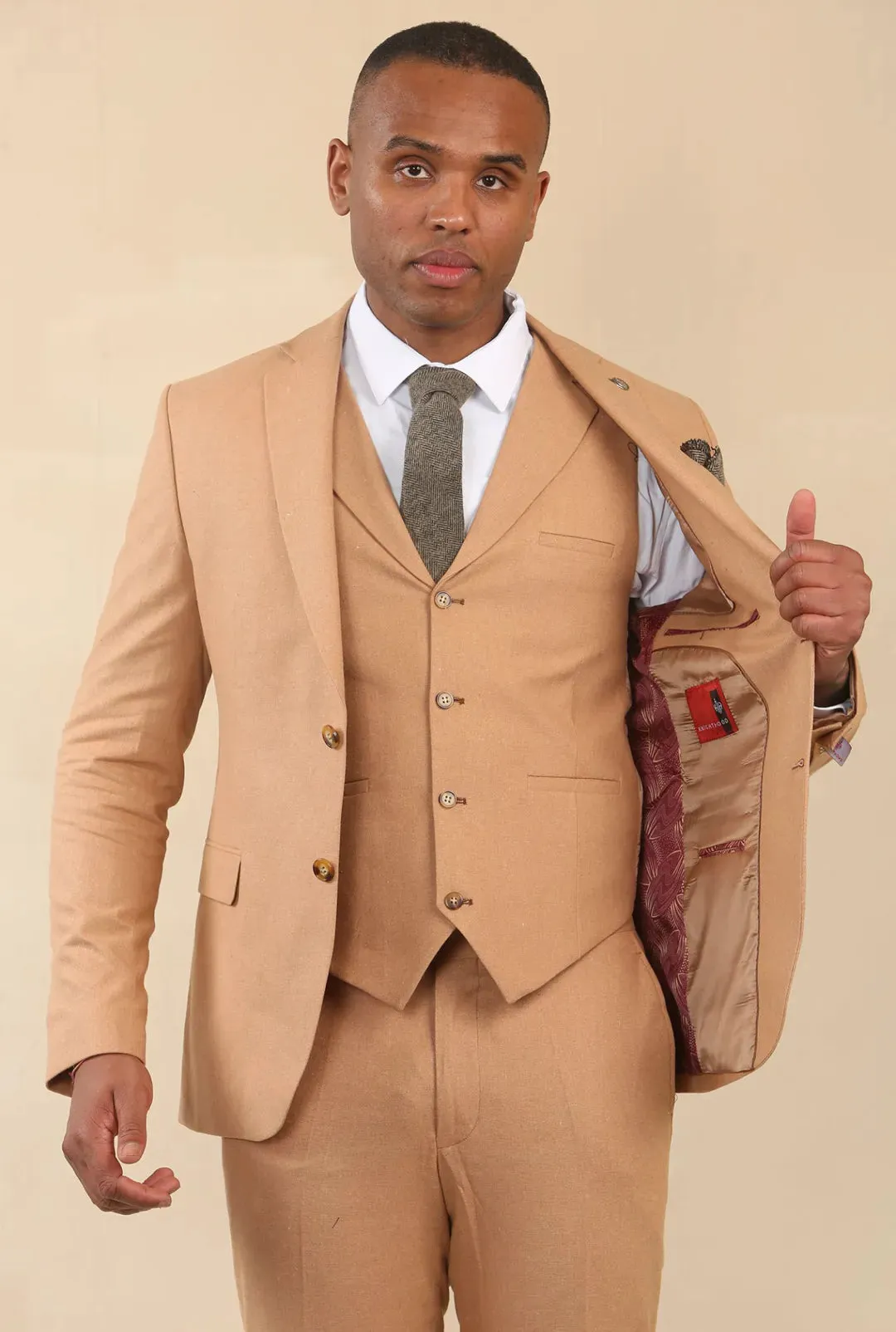 TP-23 - Men's Camel 3 Piece Linen Summer Wedding Suit