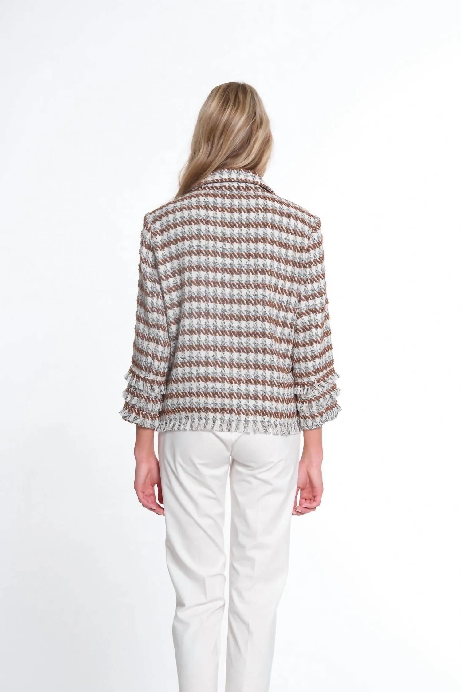 Triple Fringe 3/4 Sleeve 2-Pocket Button & Snap Front Jacket In Multi