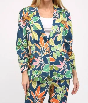 Tropical Print Satin Blazer In Multi